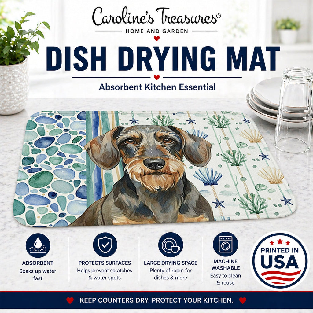 Wirehaired Wild Boar Dachshund Coastal Sea Glass Dish Drying Mat Absorbent Dish Drying Mat Pad for Kitchen Counter Dish Drainer Mat for Countertop, 14 x 21", Multicolor