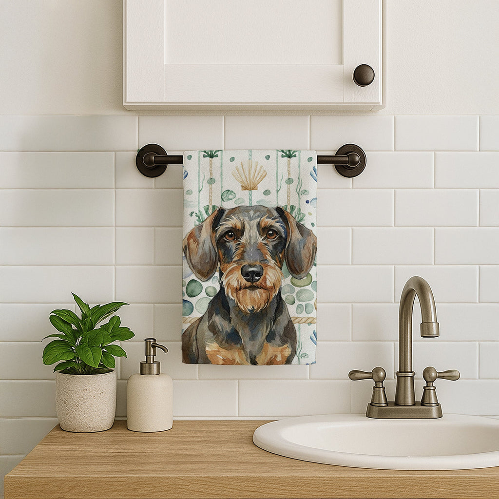 Wirehaired Wild Boar Dachshund Coastal Sea Glass Kitchen Towel Velour Plush Front and Cotton Loop Back Machine Washable