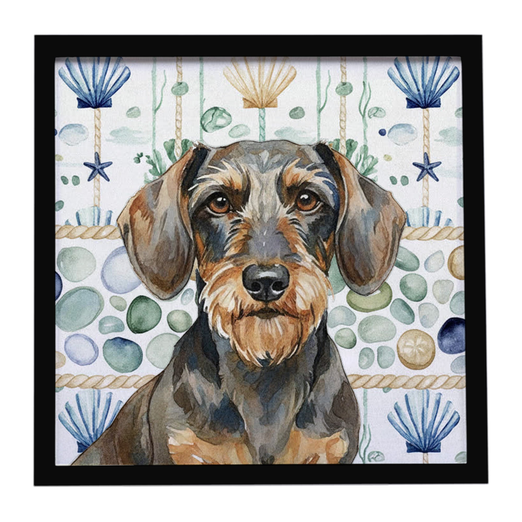 Wirehaired Wild Boar Dachshund Coastal Sea Glass Framed Metal Print Bathroom, Kitchen, Office, Home Decor Wall Art Ready to Hang, Square, 8X8