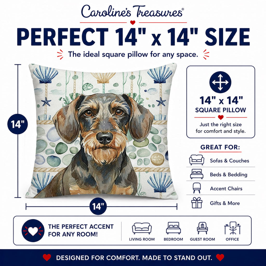 Wirehaired Wild Boar Dachshund Coastal Sea Glass Decorative Throw Pillow 14x14 Indoor Outdoor Accent Cushion, Fabric Cover with Insert for Sofa, Bed, Porch & Living Room