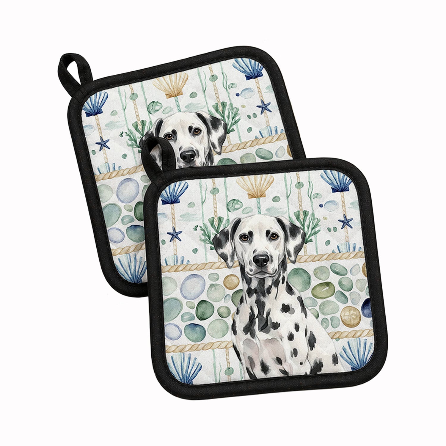 Dalmatian Coastal Sea Glass Pot Holder Set of 2 Heat Resistant Quilted Hot Pads 7.5 x 7.5 Inch, Insulated Kitchen Trivets for Cooking & Baking