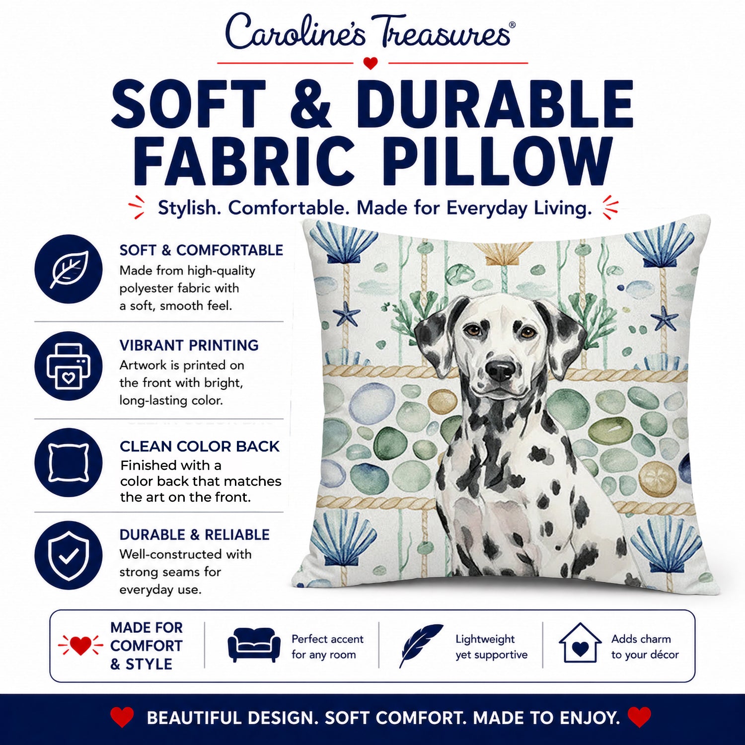 Dalmatian Coastal Sea Glass Decorative Throw Pillow 18x18 Indoor Outdoor Accent Cushion, Fabric Cover with Insert for Sofa, Bed, Porch & Living Room
