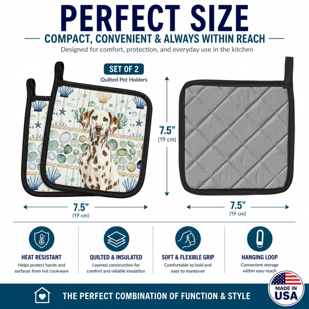 Liver Dalmatian Coastal Sea Glass Pot Holder Set of 2 Heat Resistant Quilted Hot Pads 7.5 x 7.5 Inch, Insulated Kitchen Trivets for Cooking & Baking