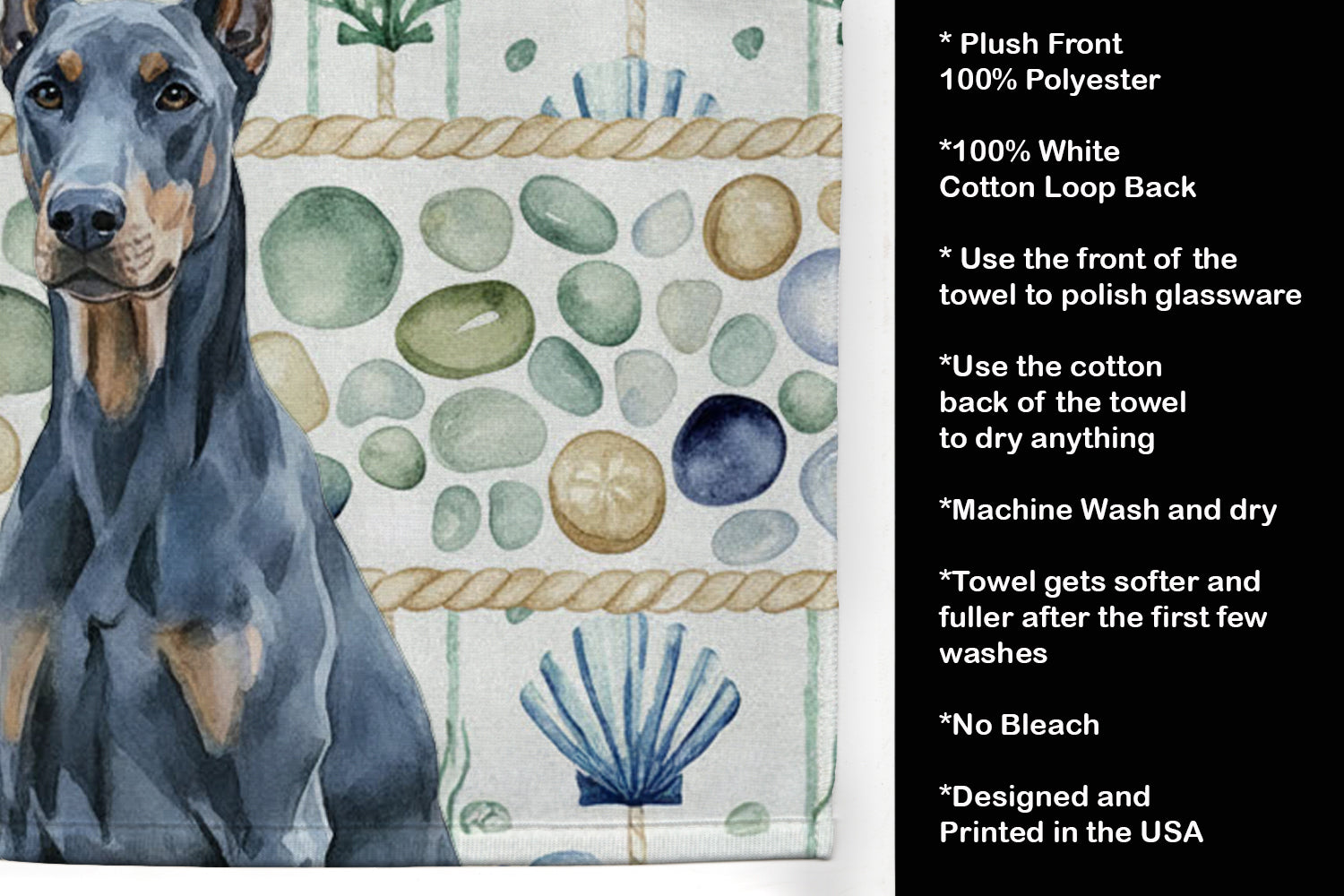Blue Doberman Pinscher Coastal Sea Glass Kitchen Towel Velour Plush Front and Cotton Loop Back Machine Washable