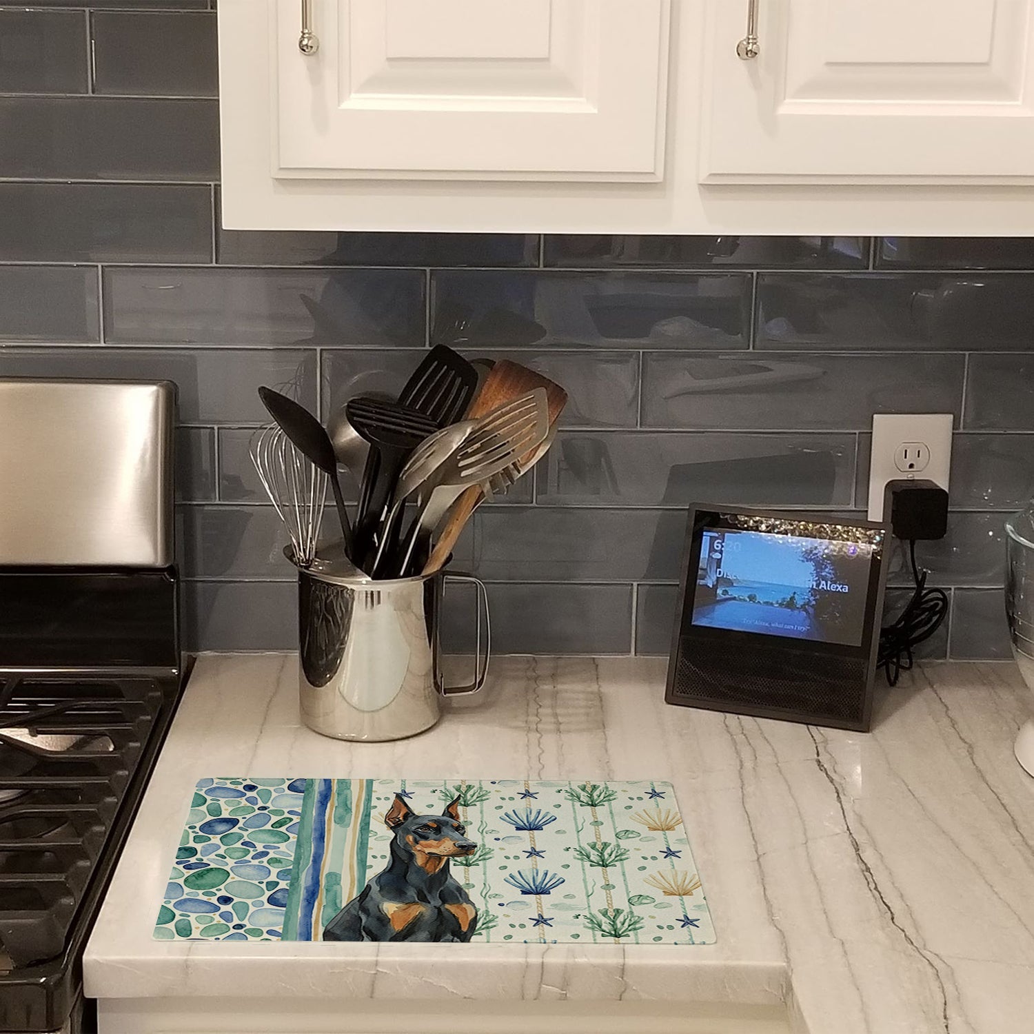 Doberman Pinscher Coastal Sea Glass Cutting Board Tempered Glass Kitchen Cutting Surface, Heat Resistant Chopping, Non-Slip Feet, Food Prep & Serving