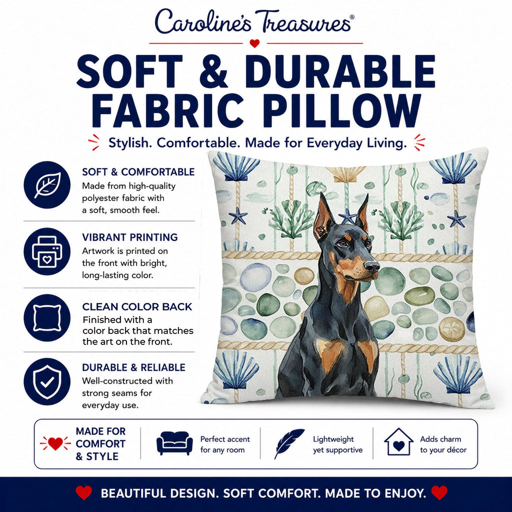 Doberman Pinscher Coastal Sea Glass Decorative Throw Pillow 18x18 Indoor Outdoor Accent Cushion, Fabric Cover with Insert for Sofa, Bed, Porch & Living Room