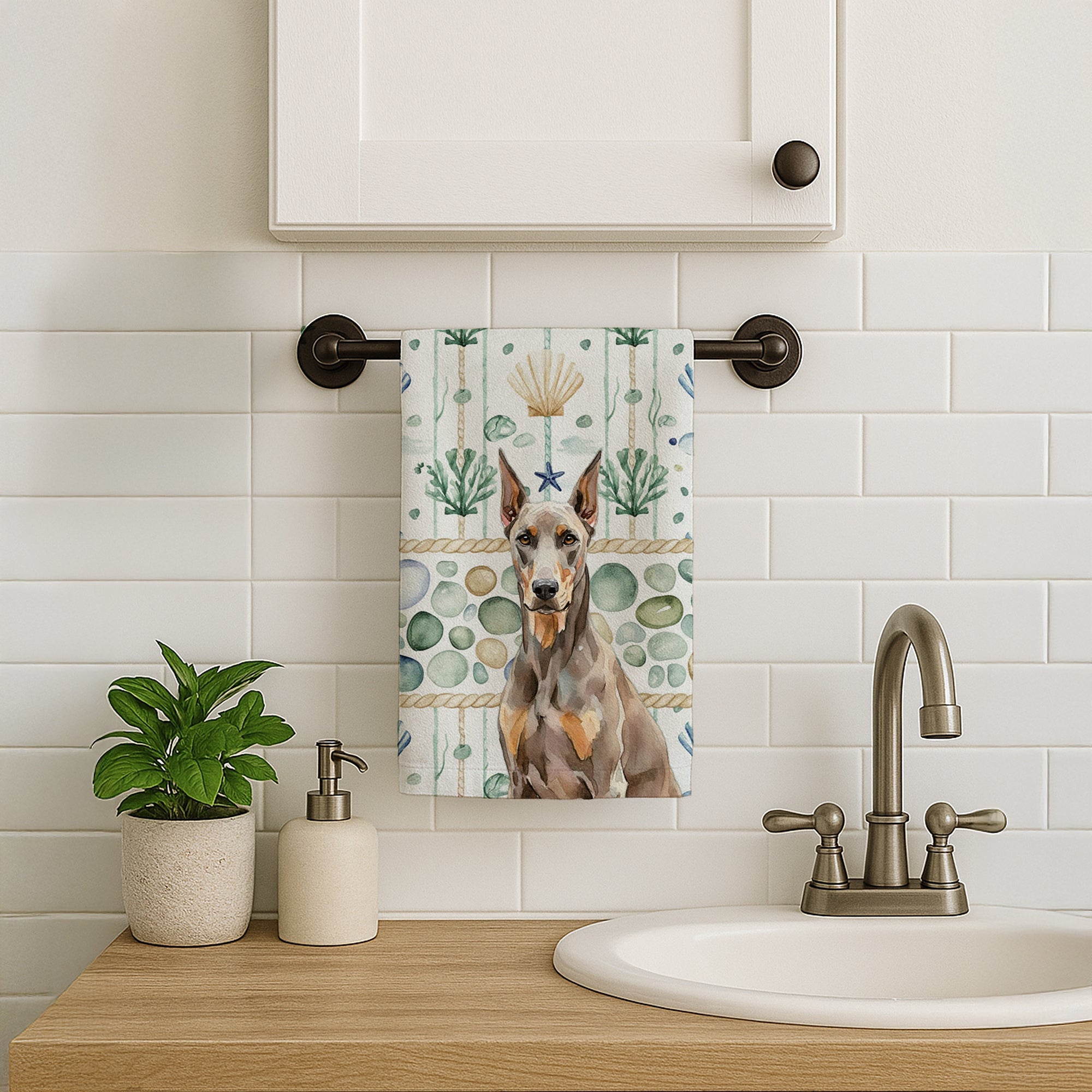 Fawn Doberman Pinscher Coastal Sea Glass Kitchen Towel Velour Plush Front and Cotton Loop Back Machine Washable