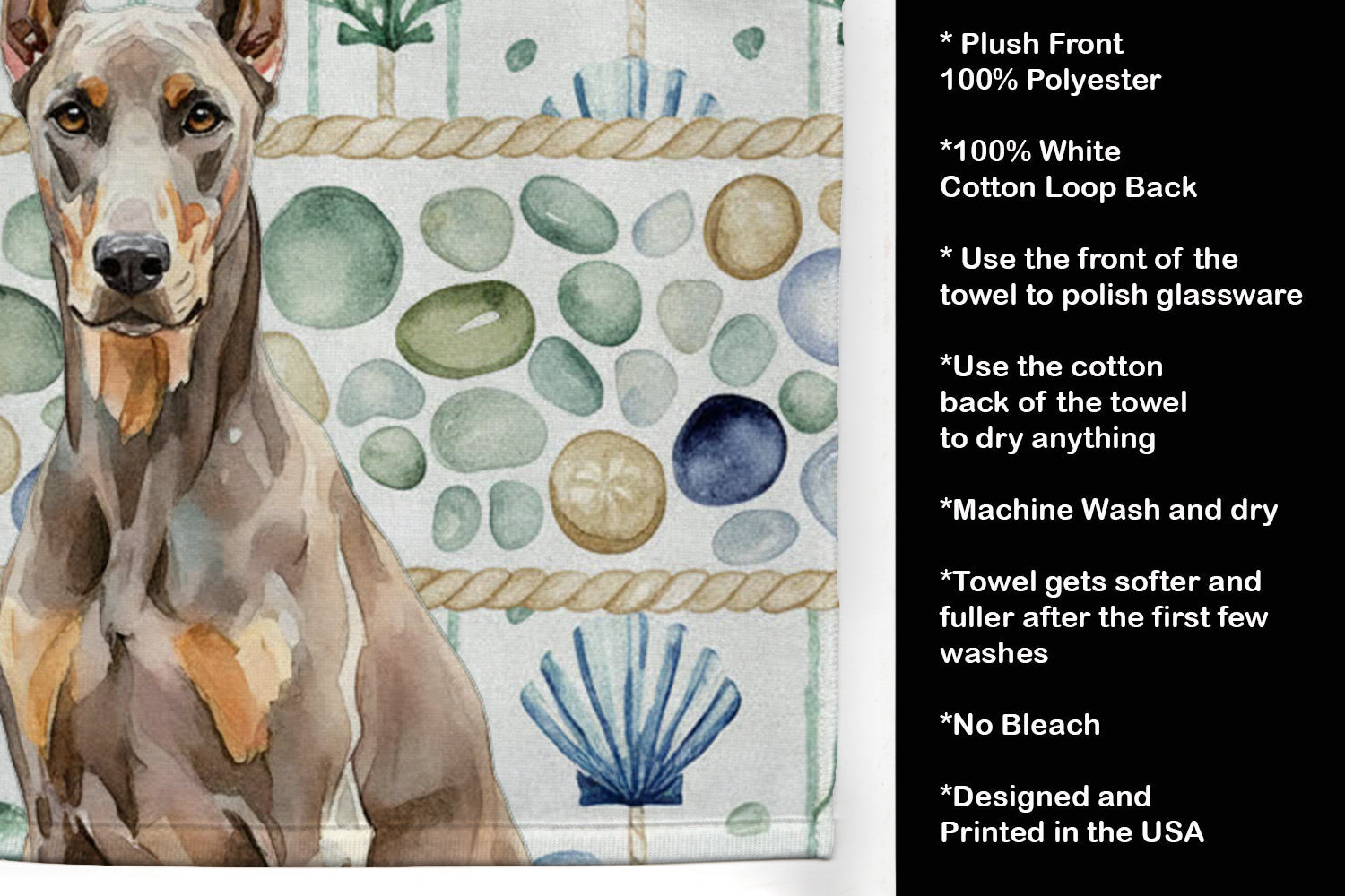 Fawn Doberman Pinscher Coastal Sea Glass Kitchen Towel Velour Plush Front and Cotton Loop Back Machine Washable