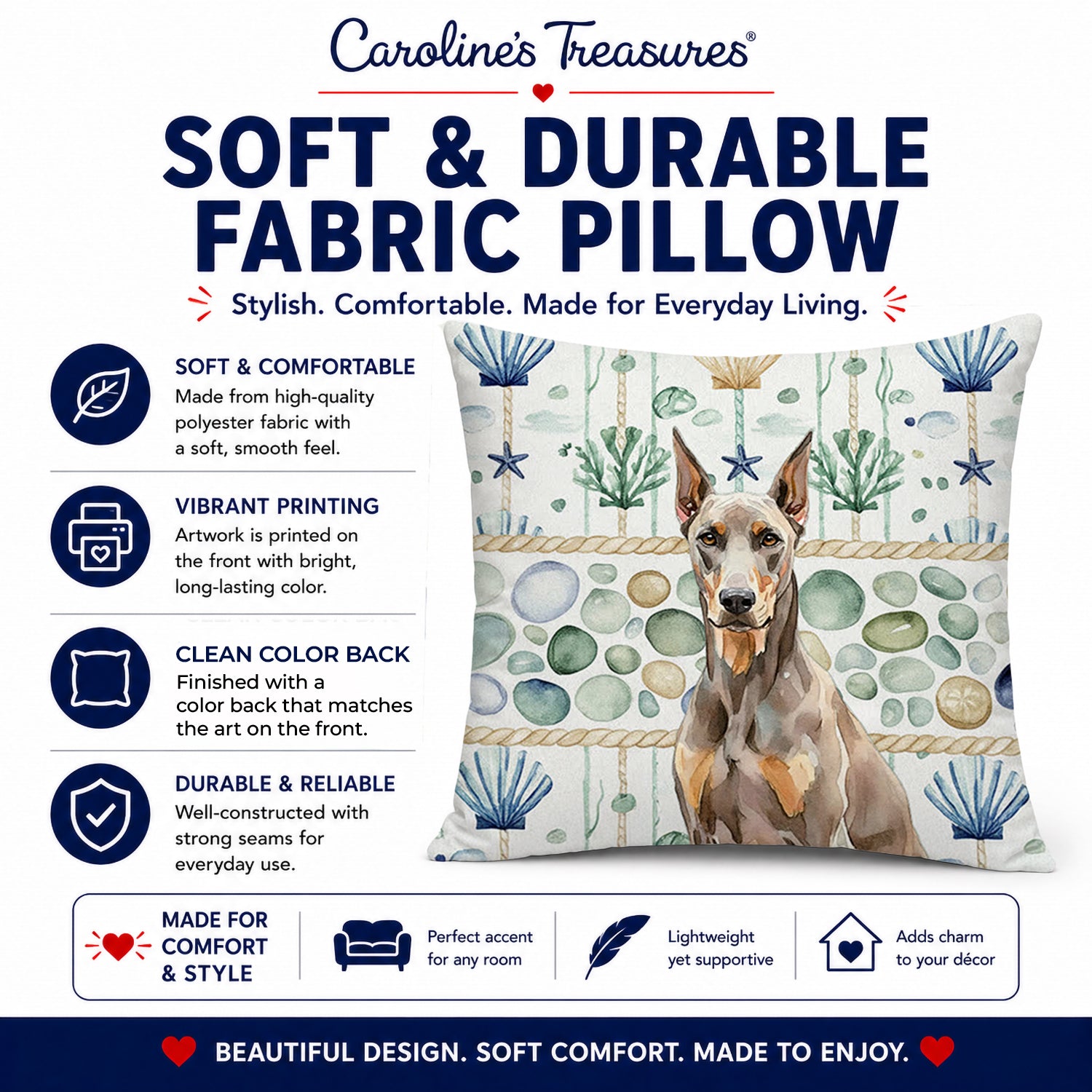 Fawn Doberman Pinscher Coastal Sea Glass Decorative Throw Pillow 14x14 Indoor Outdoor Accent Cushion, Fabric Cover with Insert for Sofa, Bed, Porch & Living Room