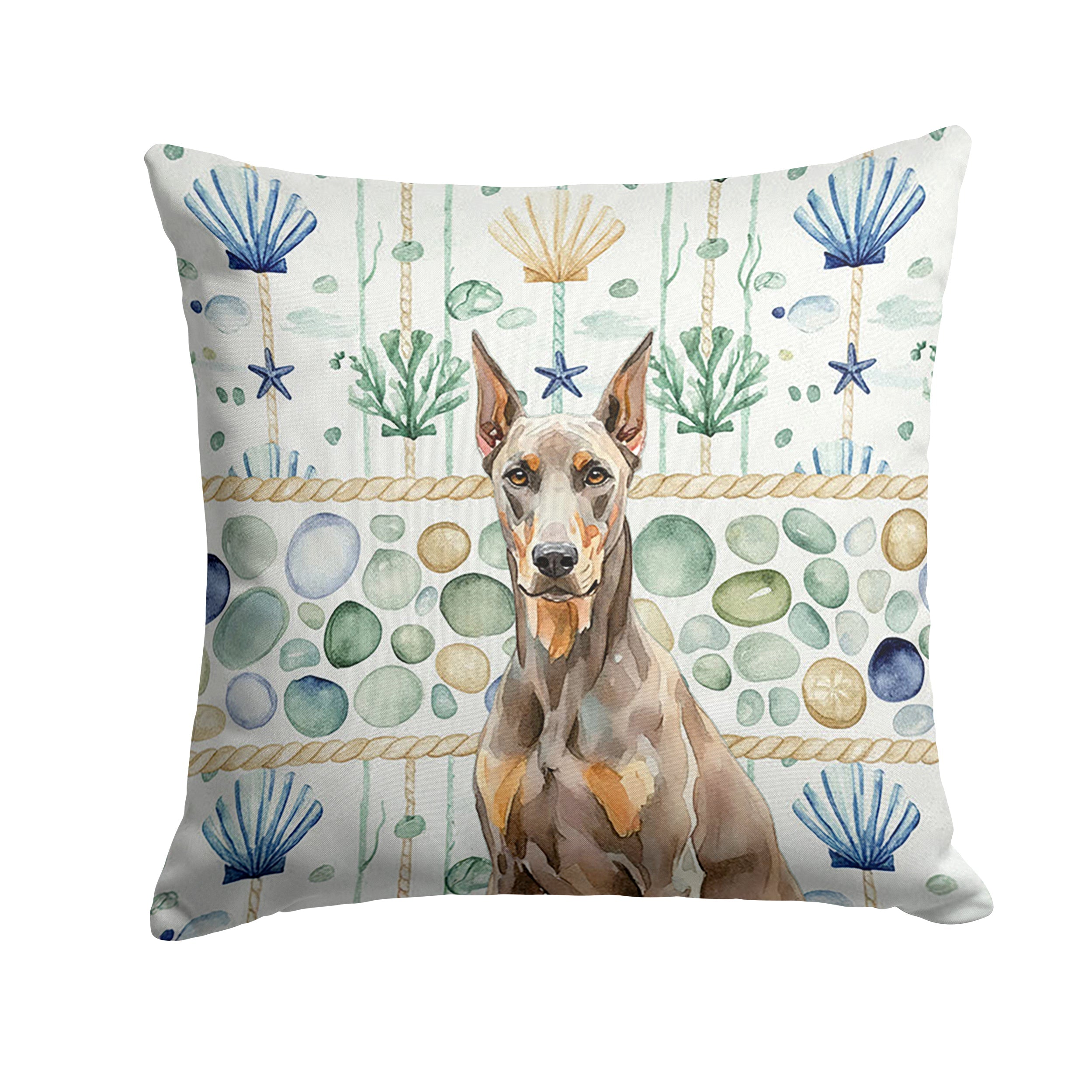 Fawn Doberman Pinscher Coastal Sea Glass Decorative Throw Pillow 14x14 Indoor Outdoor Accent Cushion, Fabric Cover with Insert for Sofa, Bed, Porch & Living Room