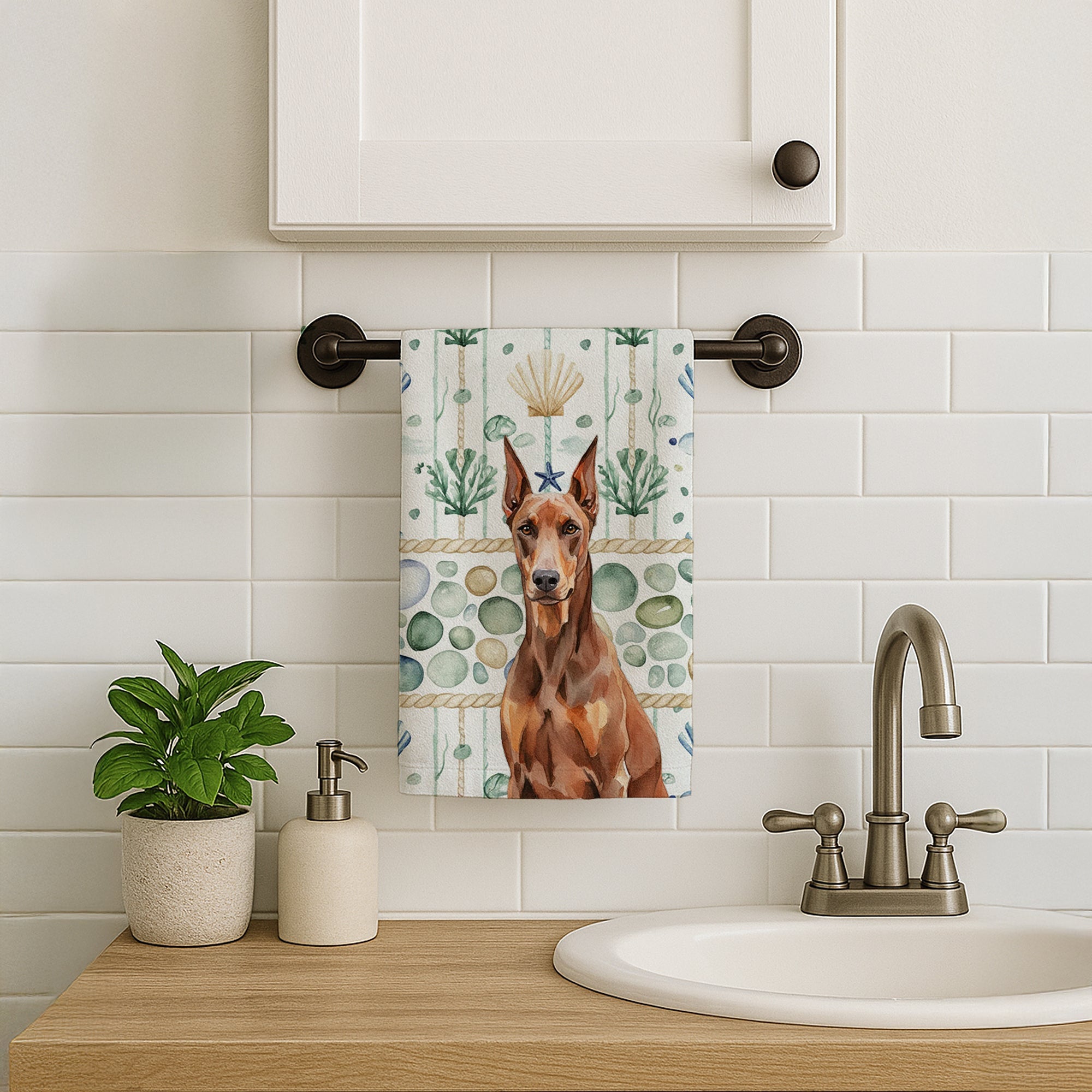 Red Doberman Pinscher Coastal Sea Glass Kitchen Towel Velour Plush Front and Cotton Loop Back Machine Washable