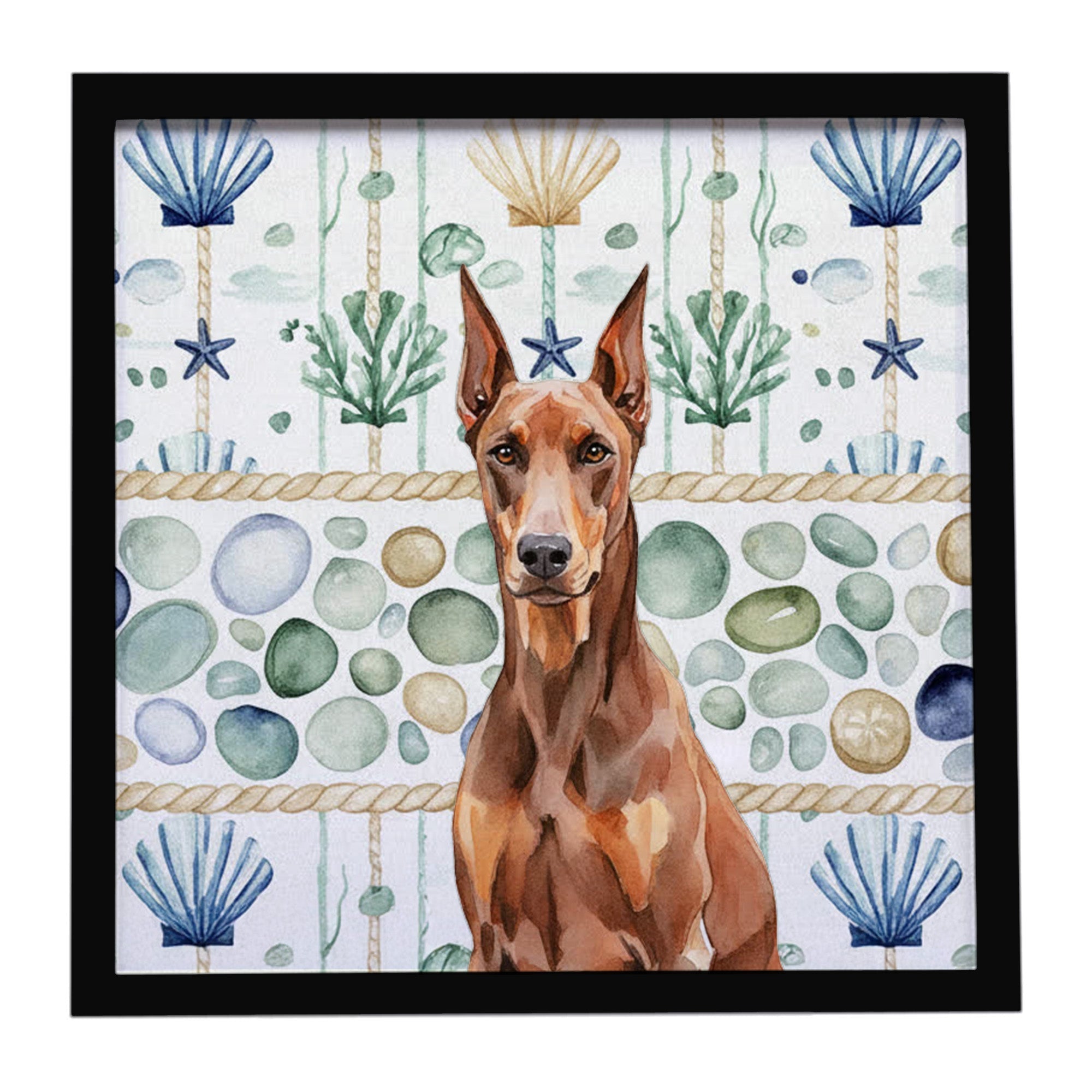 Red Doberman Pinscher Coastal Sea Glass Framed Metal Print Bathroom, Kitchen, Office, Home Decor Wall Art Ready to Hang, Square, 8X8