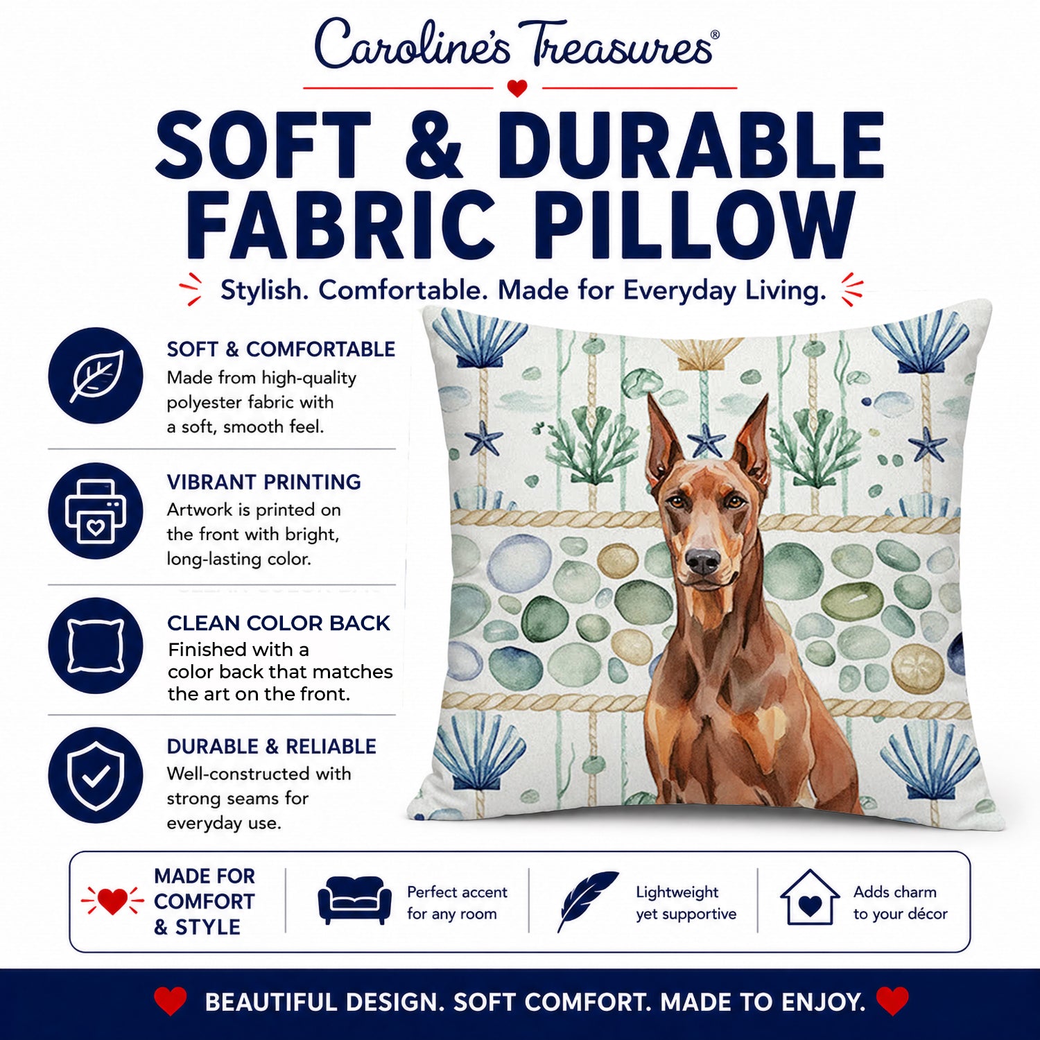 Red Doberman Pinscher Coastal Sea Glass Decorative Throw Pillow 18x18 Indoor Outdoor Accent Cushion, Fabric Cover with Insert for Sofa, Bed, Porch & Living Room