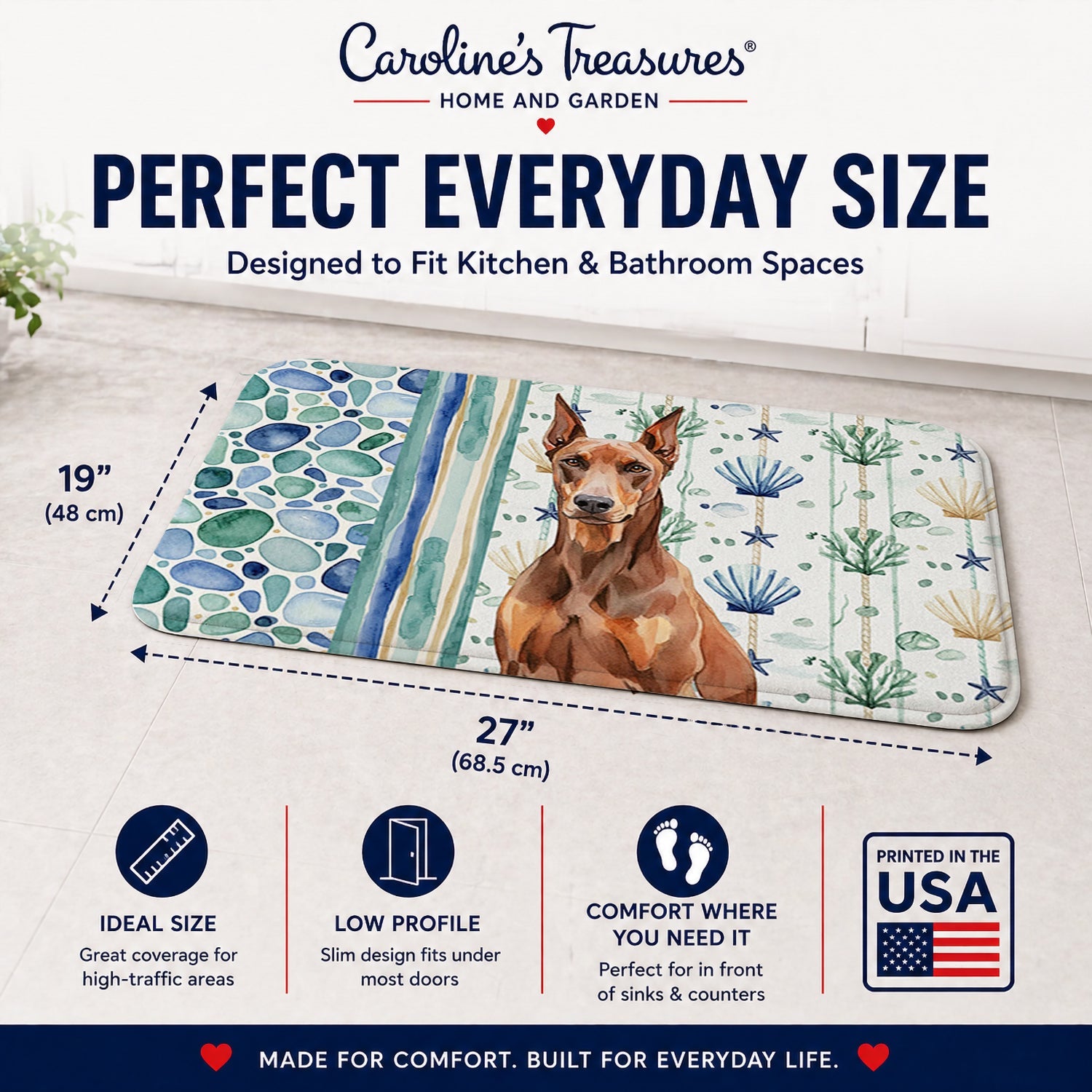 Red Doberman Pinscher Coastal Sea Glass Memory Foam Kitchen Mat Machine Washable Anti-Fatigue Cushion Comfort Bath or Kitchen Rug