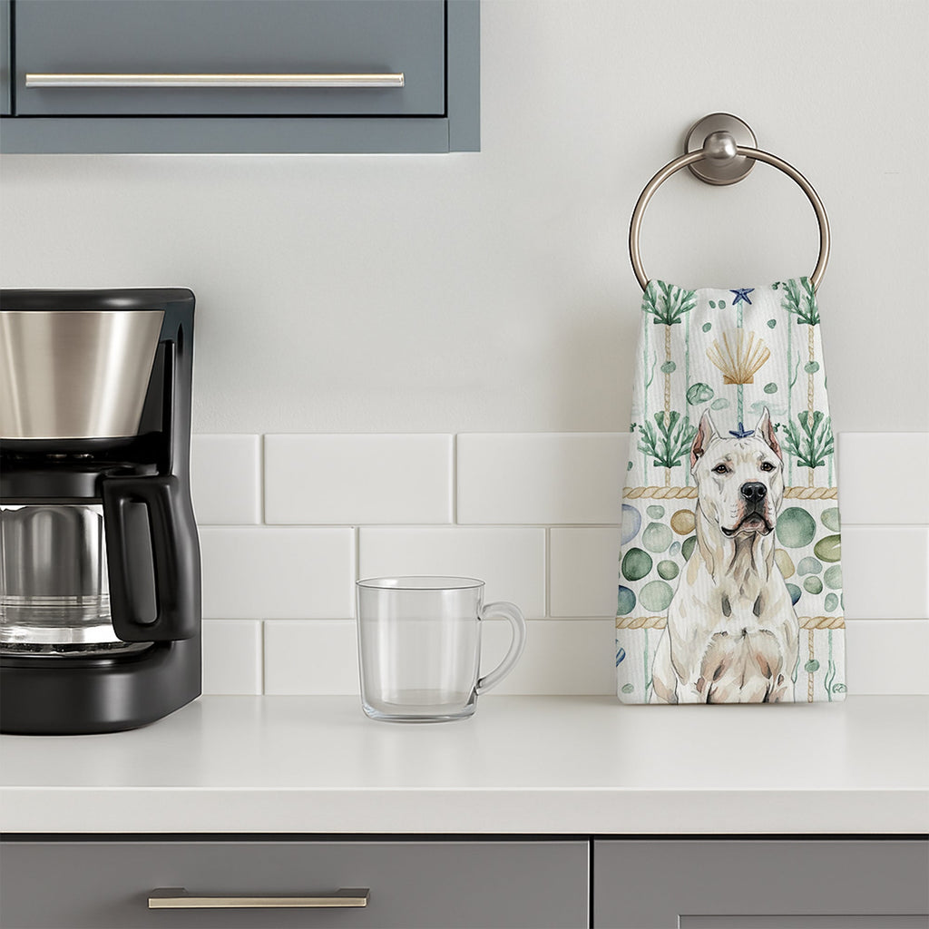 Dogo Argentino Coastal Sea Glass Kitchen Towel Velour Plush Front and Cotton Loop Back Machine Washable