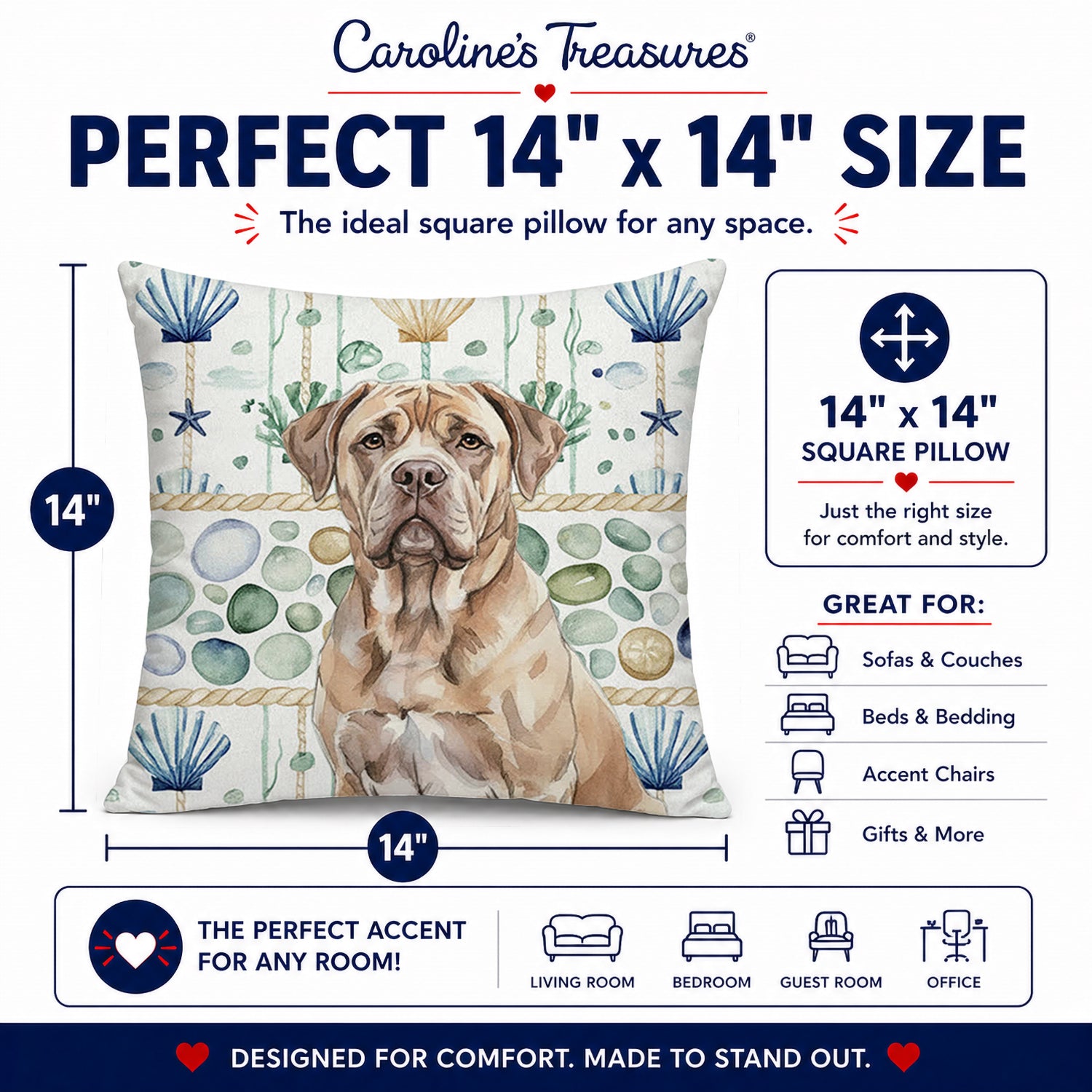 Isabella Dogue de Bordeaux Coastal Sea Glass Decorative Throw Pillow 14x14 Indoor Outdoor Accent Cushion, Fabric Cover with Insert for Sofa, Bed, Porch & Living Room