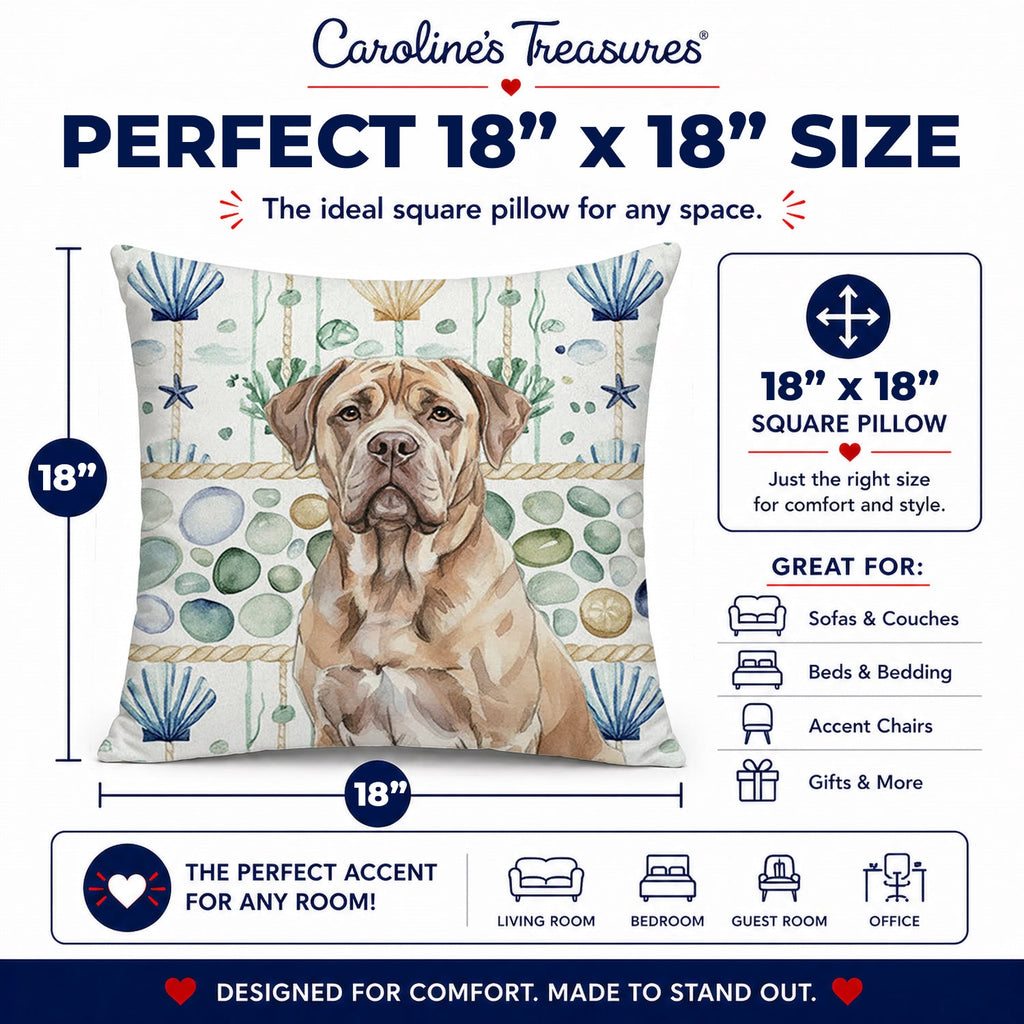 Isabella Dogue de Bordeaux Coastal Sea Glass Decorative Throw Pillow 18x18 Indoor Outdoor Accent Cushion, Fabric Cover with Insert for Sofa, Bed, Porch & Living Room
