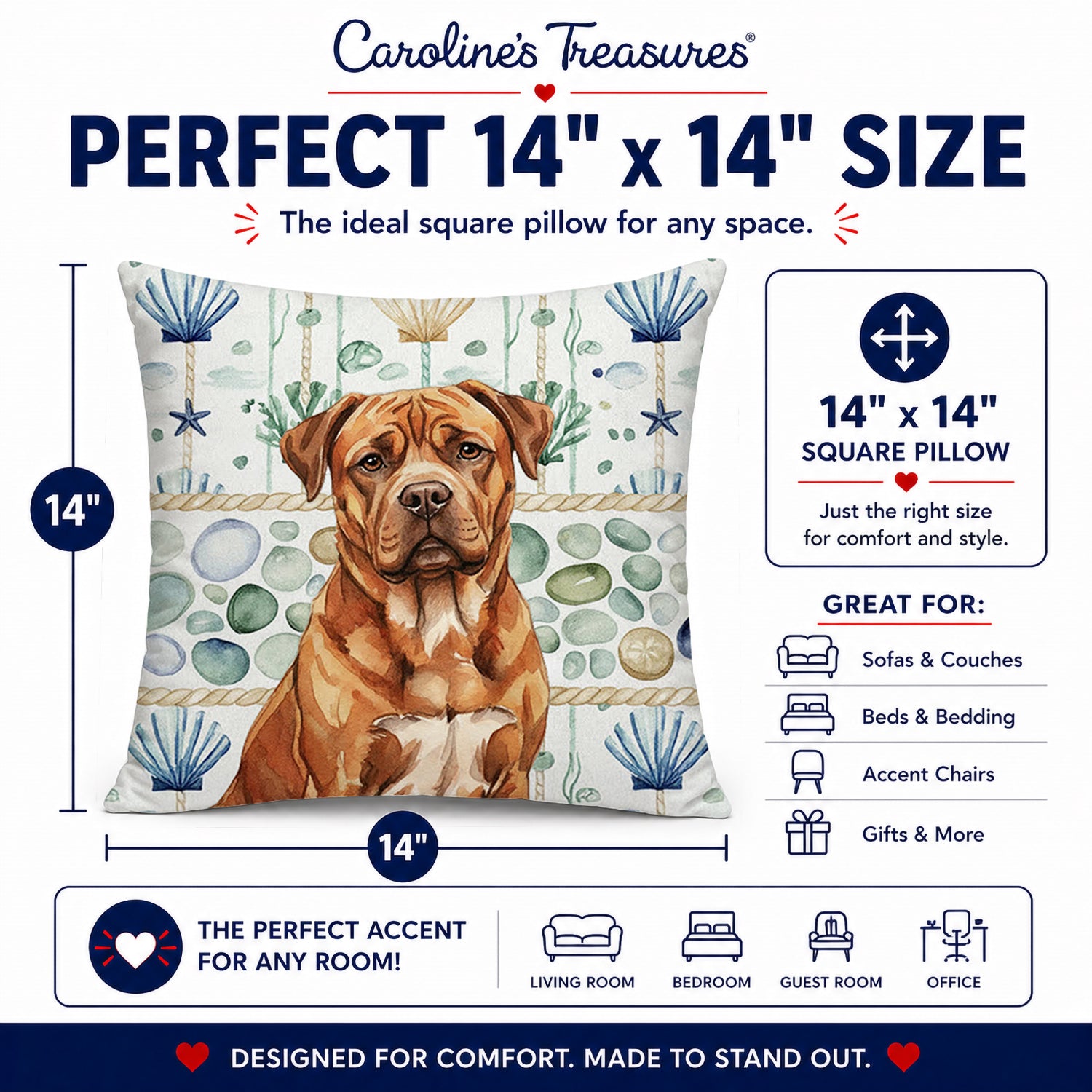 Mahogany Dogue de Bordeaux Coastal Sea Glass Decorative Throw Pillow 14x14 Indoor Outdoor Accent Cushion, Fabric Cover with Insert for Sofa, Bed, Porch & Living Room