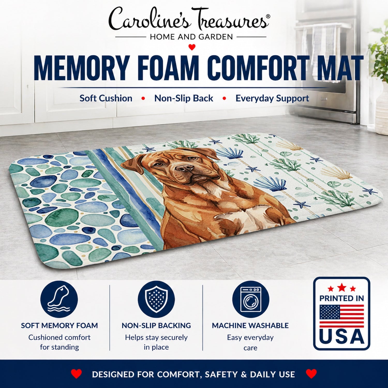 Mahogany Dogue de Bordeaux Coastal Sea Glass Memory Foam Kitchen Mat Machine Washable Anti-Fatigue Cushion Comfort Bath or Kitchen Rug