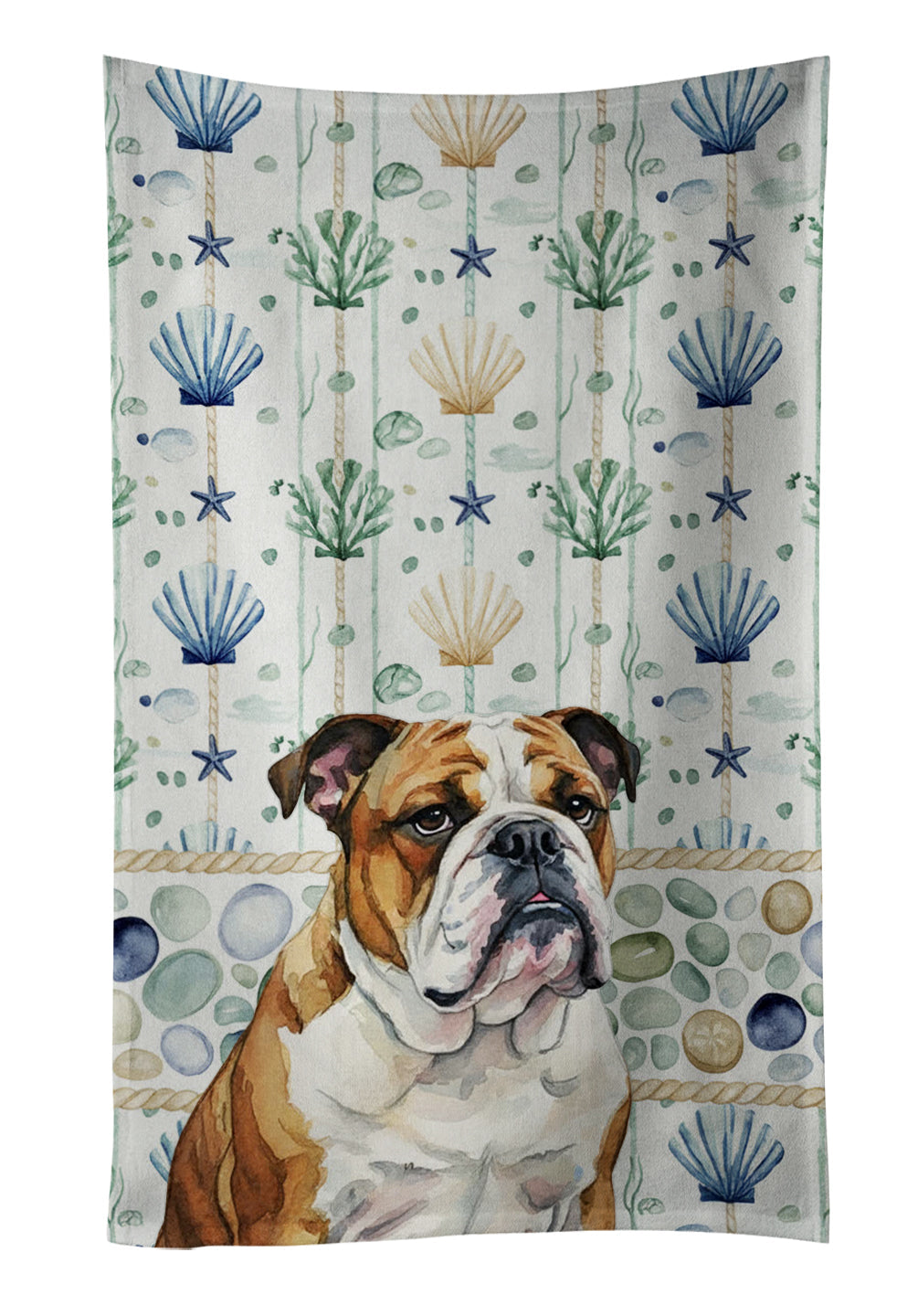 Brindle and White English Bulldog Coastal Sea Glass Kitchen Towel Velour Plush Front and Cotton Loop Back Machine Washable