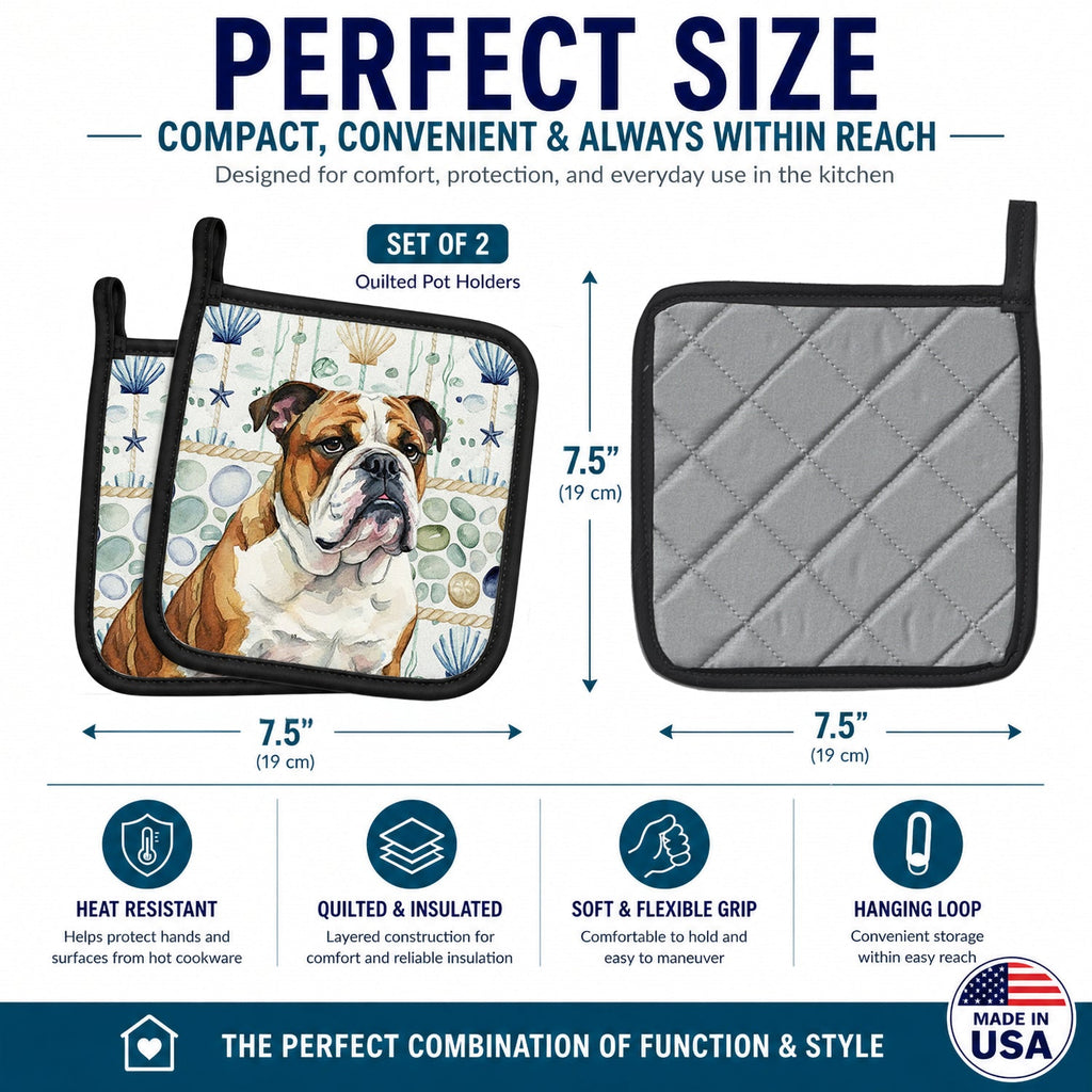 Brindle and White English Bulldog Coastal Sea Glass Pot Holder Set of 2 Heat Resistant Quilted Hot Pads 7.5 x 7.5 Inch, Insulated Kitchen Trivets for Cooking & Baking