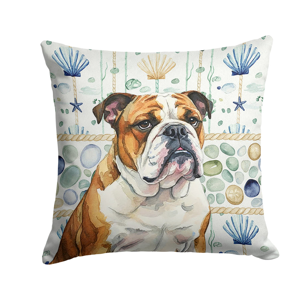 Brindle and White English Bulldog Coastal Sea Glass Decorative Throw Pillow 14x14 Indoor Outdoor Accent Cushion, Fabric Cover with Insert for Sofa, Bed, Porch & Living Room
