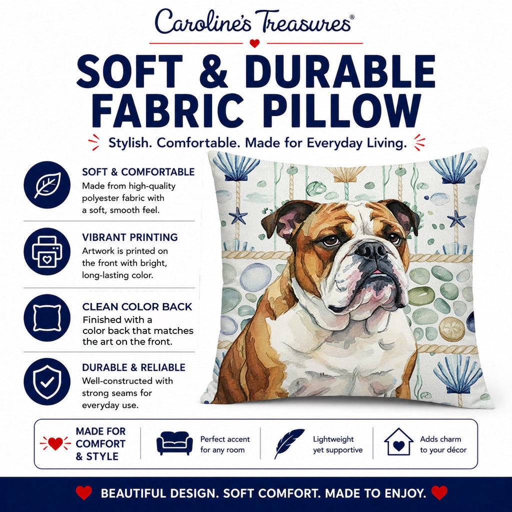 Brindle and White English Bulldog Coastal Sea Glass Decorative Throw Pillow 18x18 Indoor Outdoor Accent Cushion, Fabric Cover with Insert for Sofa, Bed, Porch & Living Room