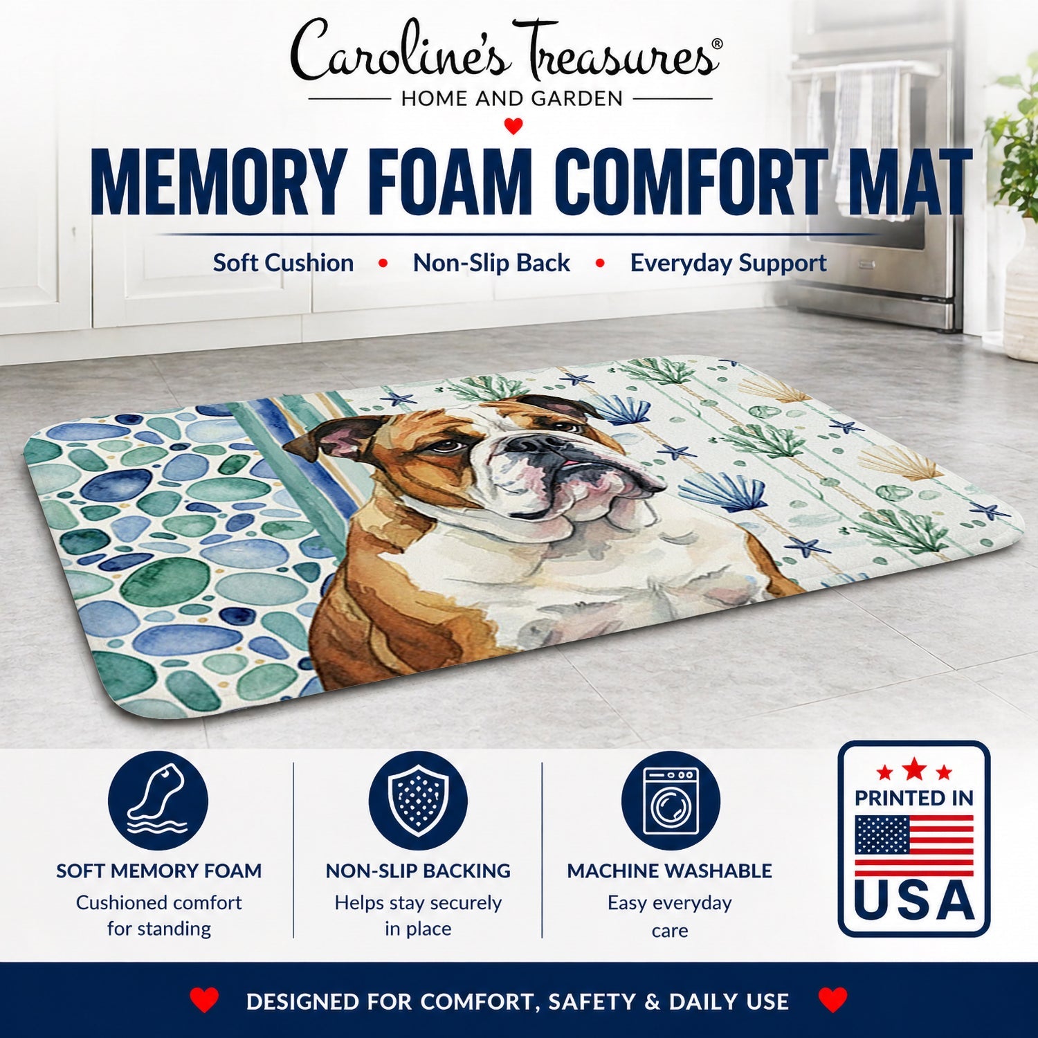 Brindle and White English Bulldog Coastal Sea Glass Memory Foam Kitchen Mat Machine Washable Anti-Fatigue Cushion Comfort Bath or Kitchen Rug