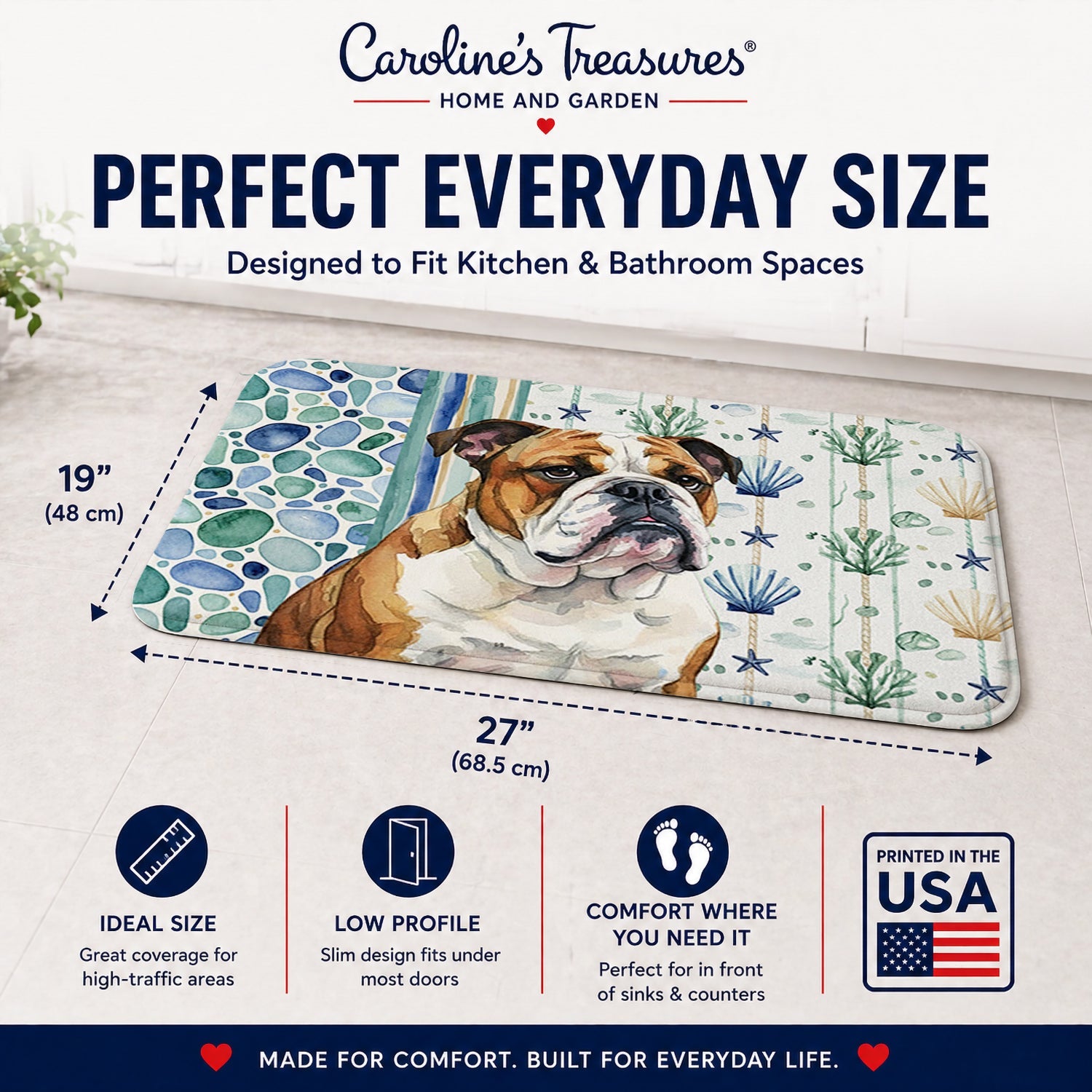 Brindle and White English Bulldog Coastal Sea Glass Memory Foam Kitchen Mat Machine Washable Anti-Fatigue Cushion Comfort Bath or Kitchen Rug