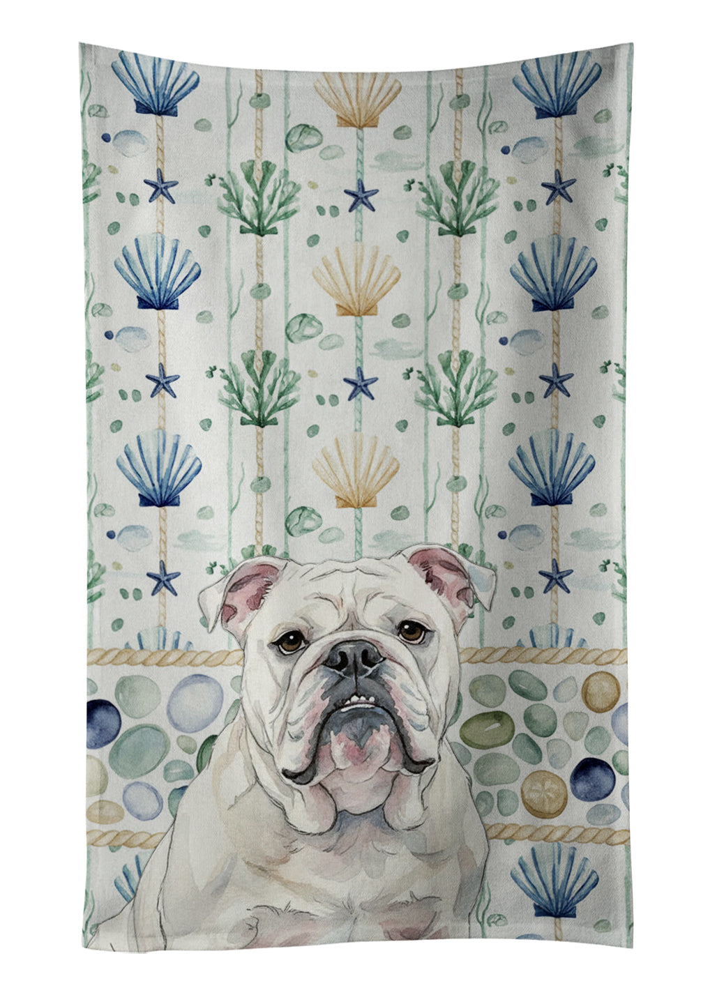 White English Bulldog Coastal Sea Glass Kitchen Towel Velour Plush Front and Cotton Loop Back Machine Washable