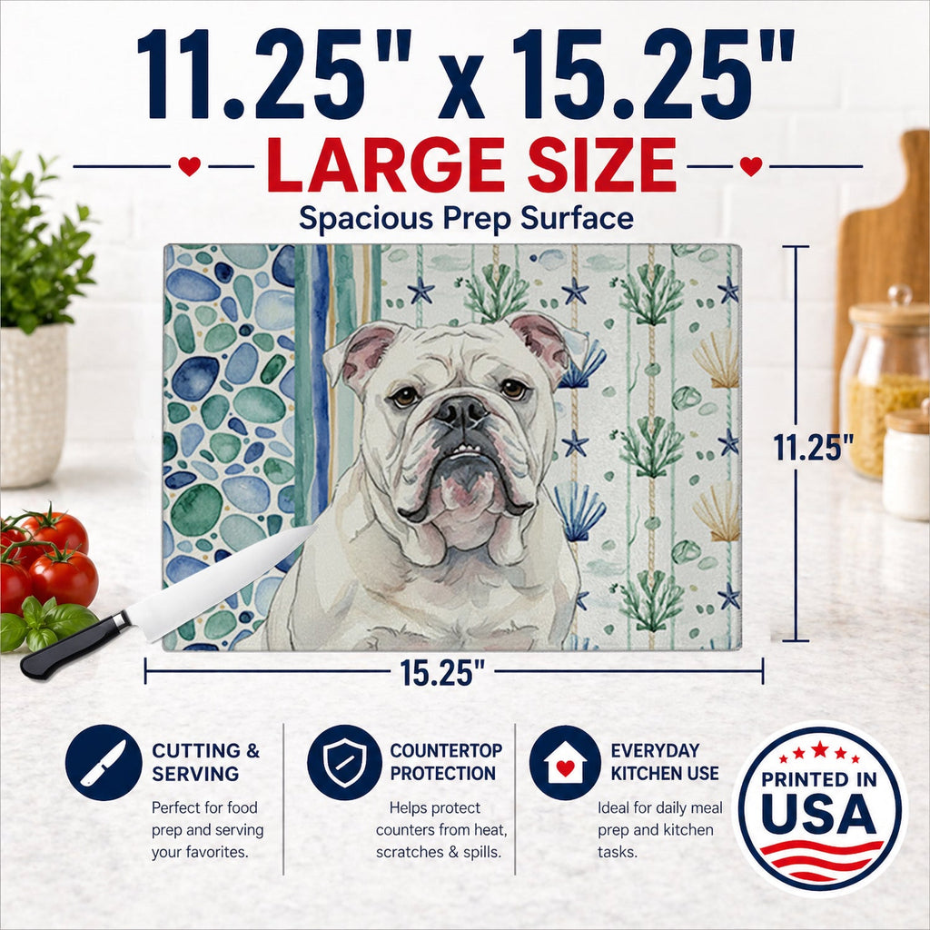 White English Bulldog Coastal Sea Glass Cutting Board Tempered Glass Kitchen Cutting Surface, Heat Resistant Chopping, Non-Slip Feet, Food Prep & Serving