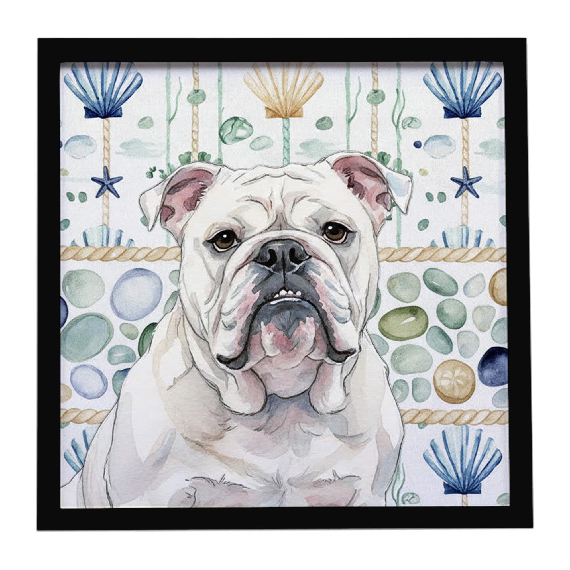 White English Bulldog Coastal Sea Glass Framed Metal Print Bathroom, Kitchen, Office, Home Decor Wall Art Ready to Hang, Square, 8X8