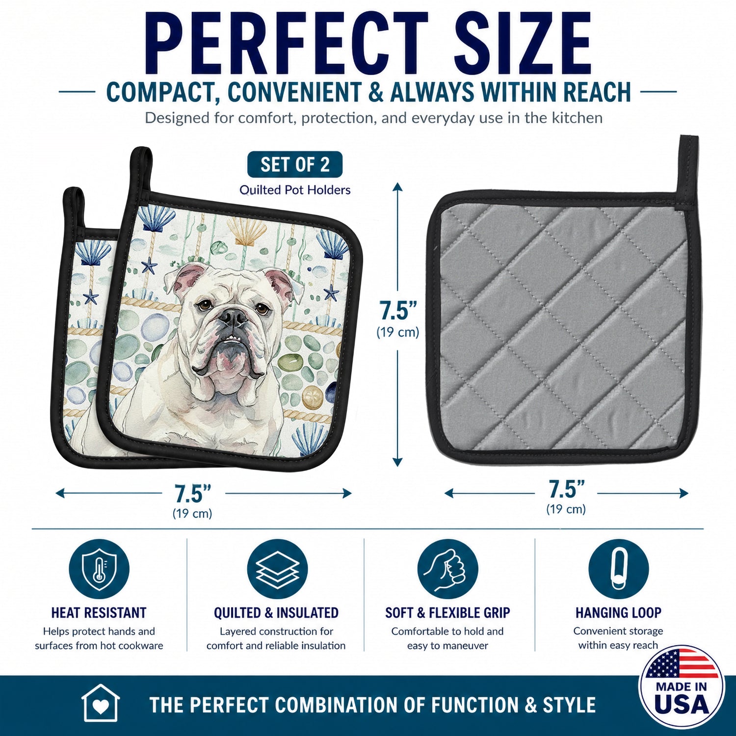 White English Bulldog Coastal Sea Glass Pot Holder Set of 2 Heat Resistant Quilted Hot Pads 7.5 x 7.5 Inch, Insulated Kitchen Trivets for Cooking & Baking