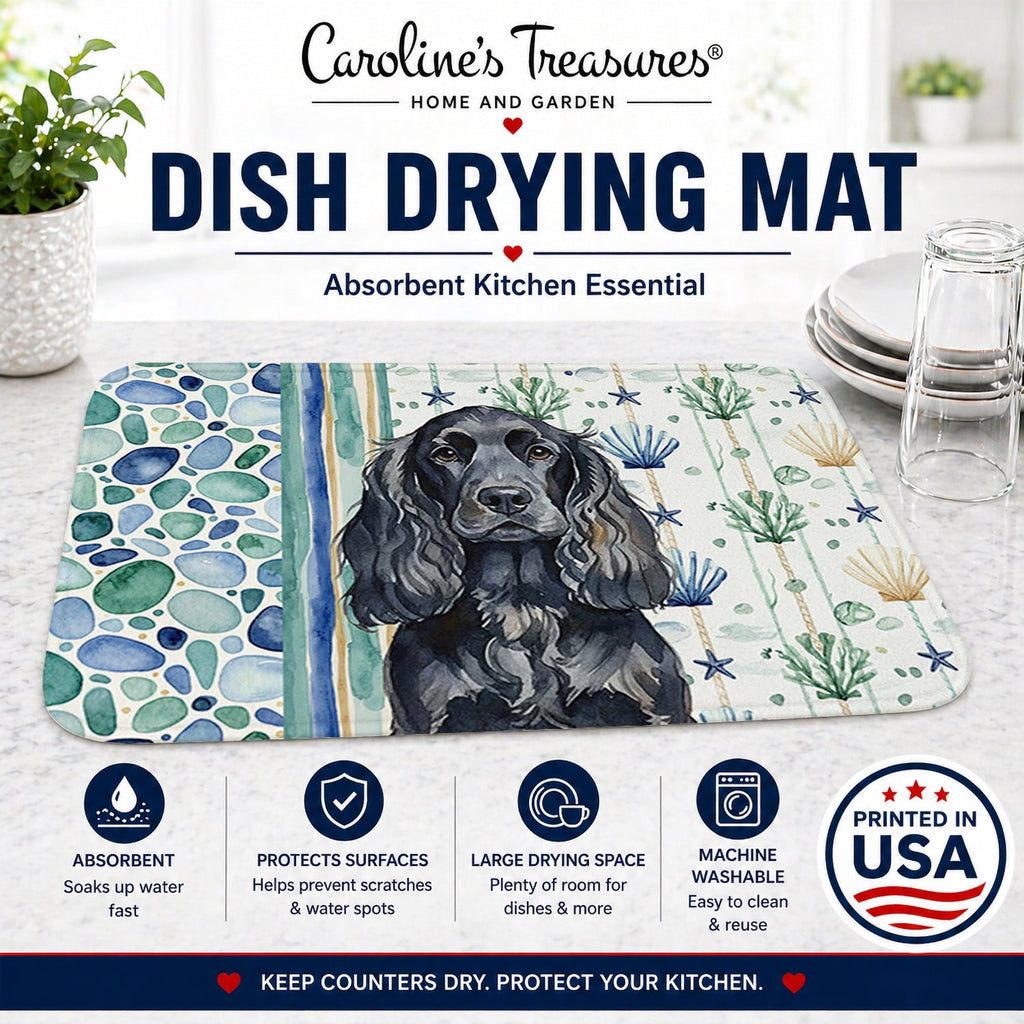 Black English Cocker Spaniel Coastal Sea Glass Dish Drying Mat Absorbent Dish Drying Mat Pad for Kitchen Counter Dish Drainer Mat for Countertop, 14 x 21", Multicolor