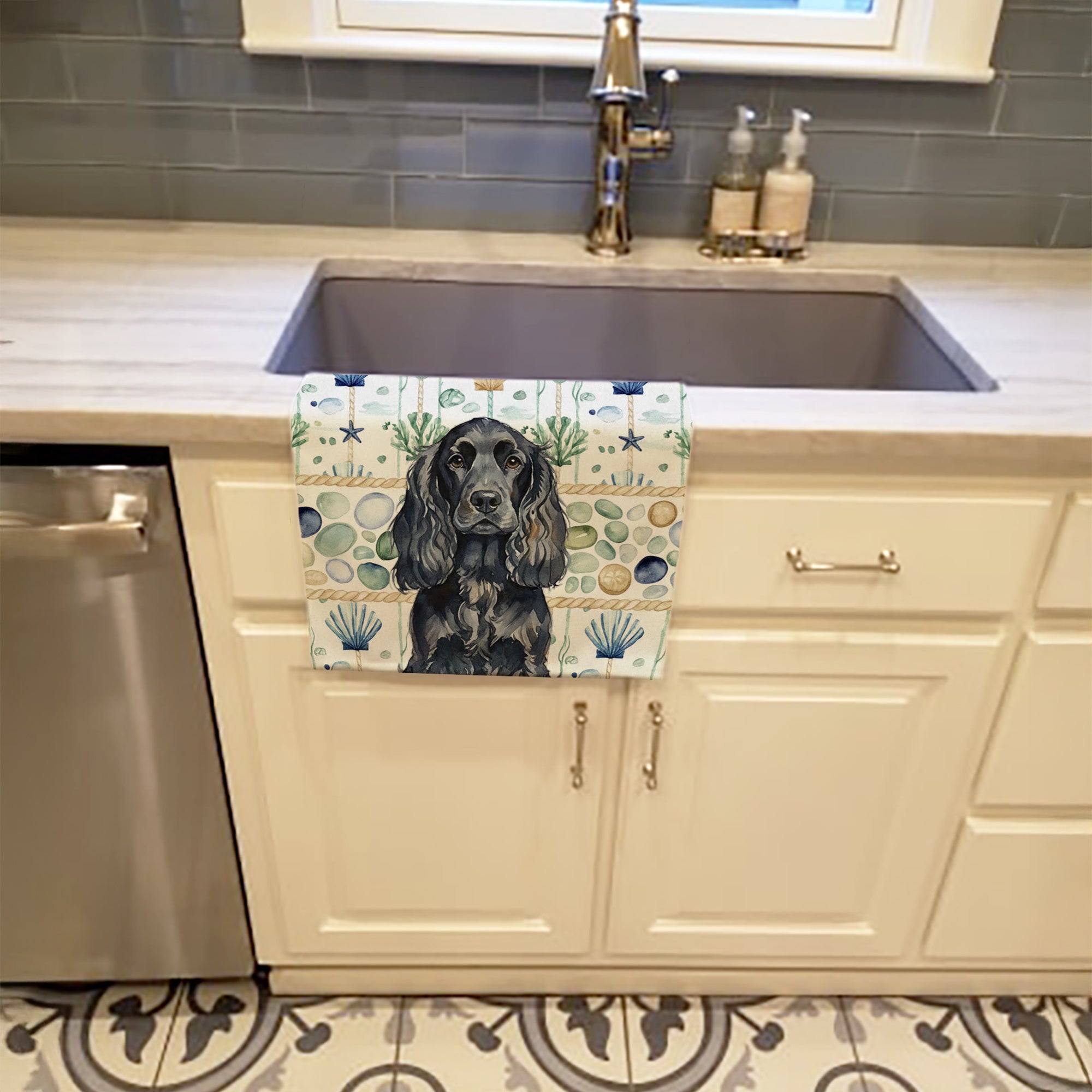 Black English Cocker Spaniel Coastal Sea Glass Kitchen Towel Velour Plush Front and Cotton Loop Back Machine Washable