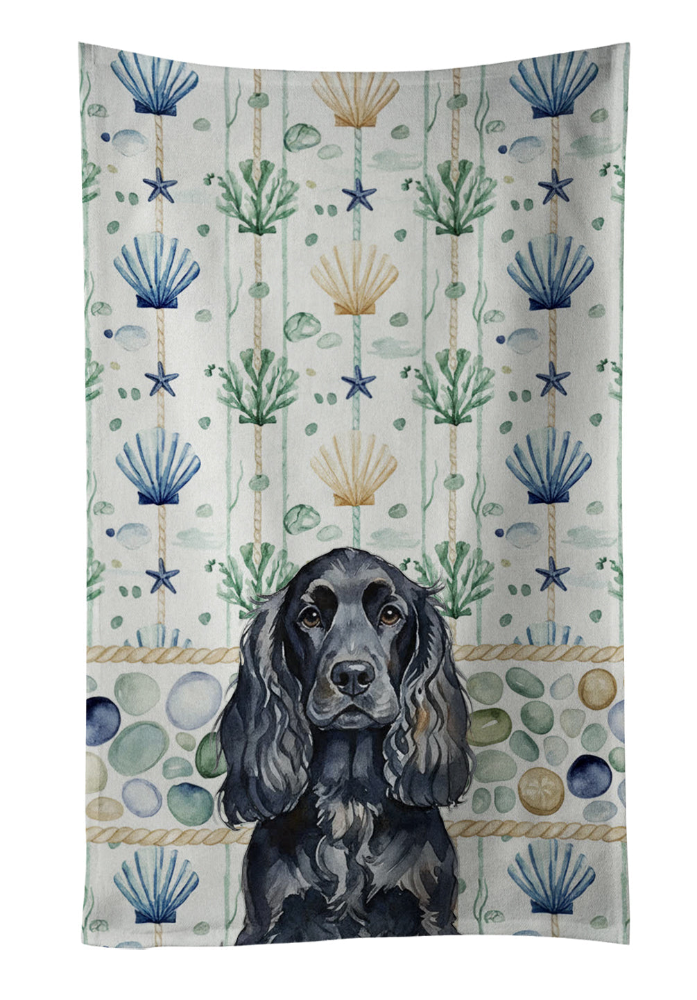 Black English Cocker Spaniel Coastal Sea Glass Kitchen Towel Velour Plush Front and Cotton Loop Back Machine Washable