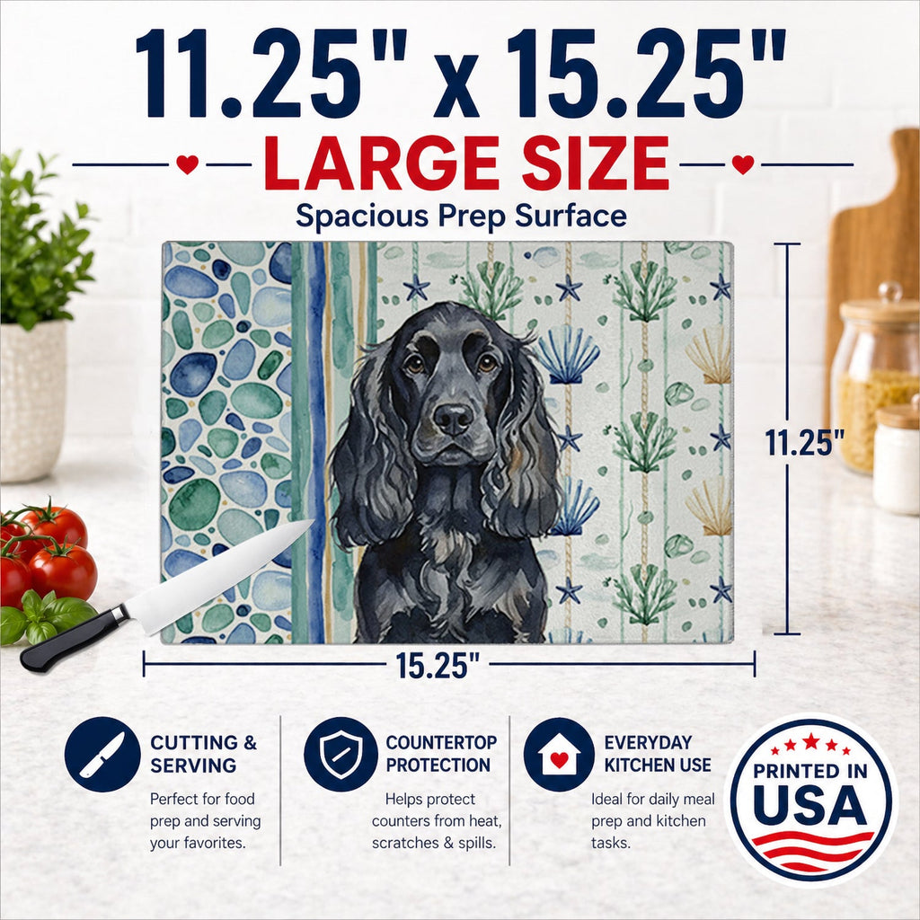 Black English Cocker Spaniel Coastal Sea Glass Cutting Board Tempered Glass Kitchen Cutting Surface, Heat Resistant Chopping, Non-Slip Feet, Food Prep & Serving