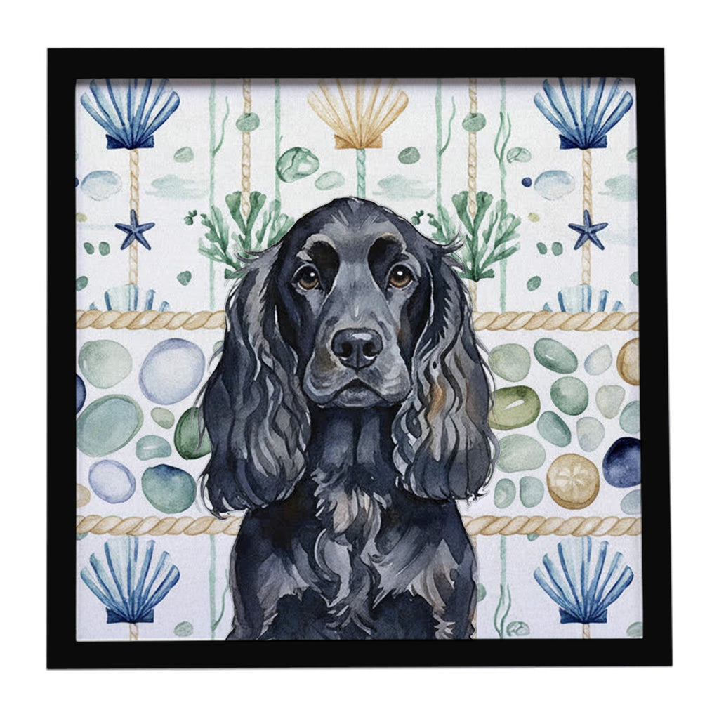 Black English Cocker Spaniel Coastal Sea Glass Framed Metal Print Bathroom, Kitchen, Office, Home Decor Wall Art Ready to Hang, Square, 8X8