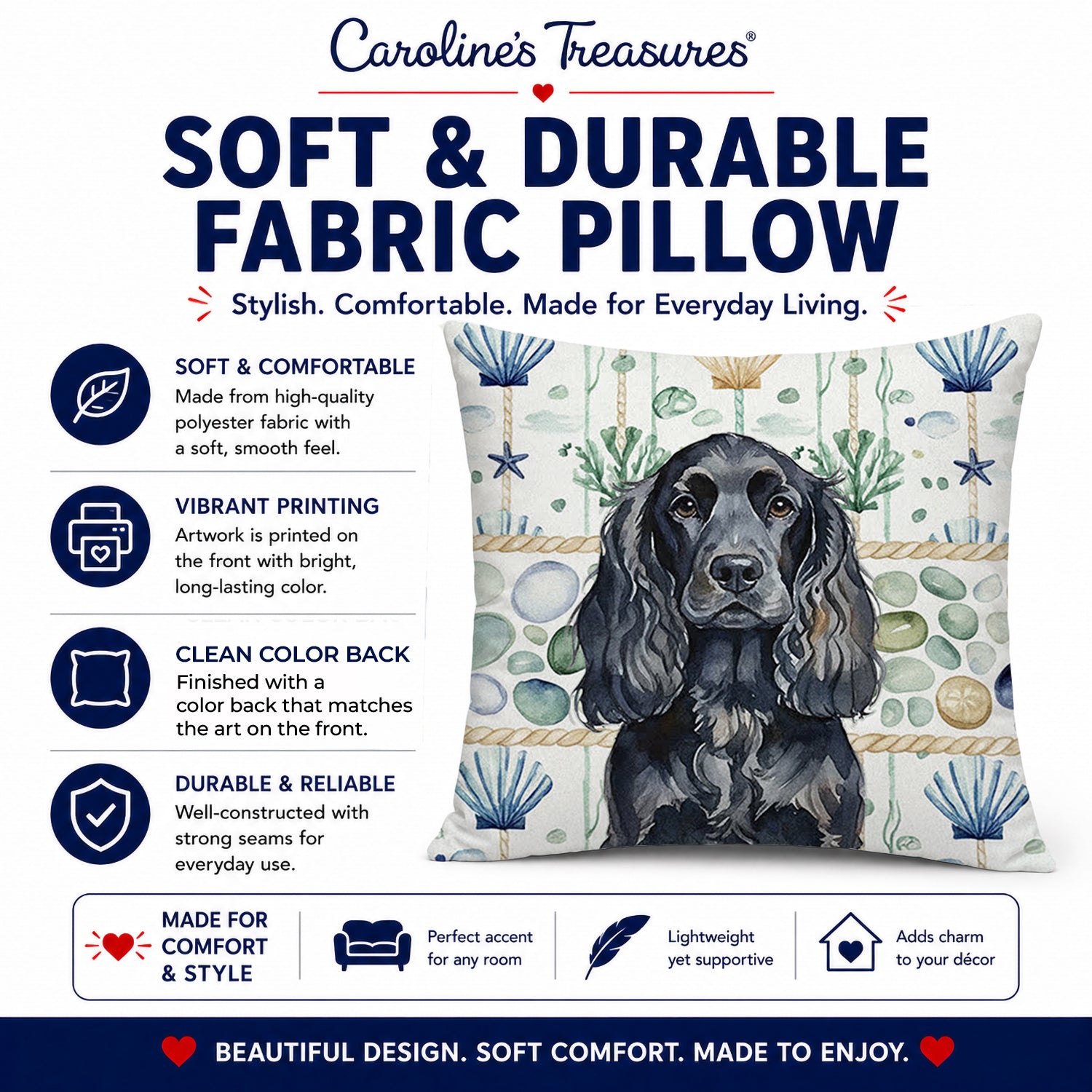 Black English Cocker Spaniel Coastal Sea Glass Decorative Throw Pillow 18x18 Indoor Outdoor Accent Cushion, Fabric Cover with Insert for Sofa, Bed, Porch & Living Room
