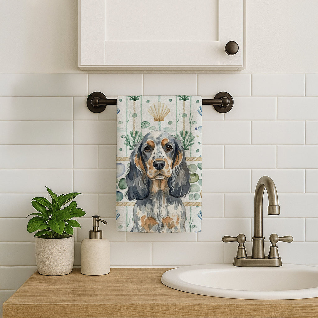 Blue Roan & Tan English Cocker Spaniel Coastal Sea Glass Kitchen Towel Velour Plush Front and Cotton Loop Back Machine Washable