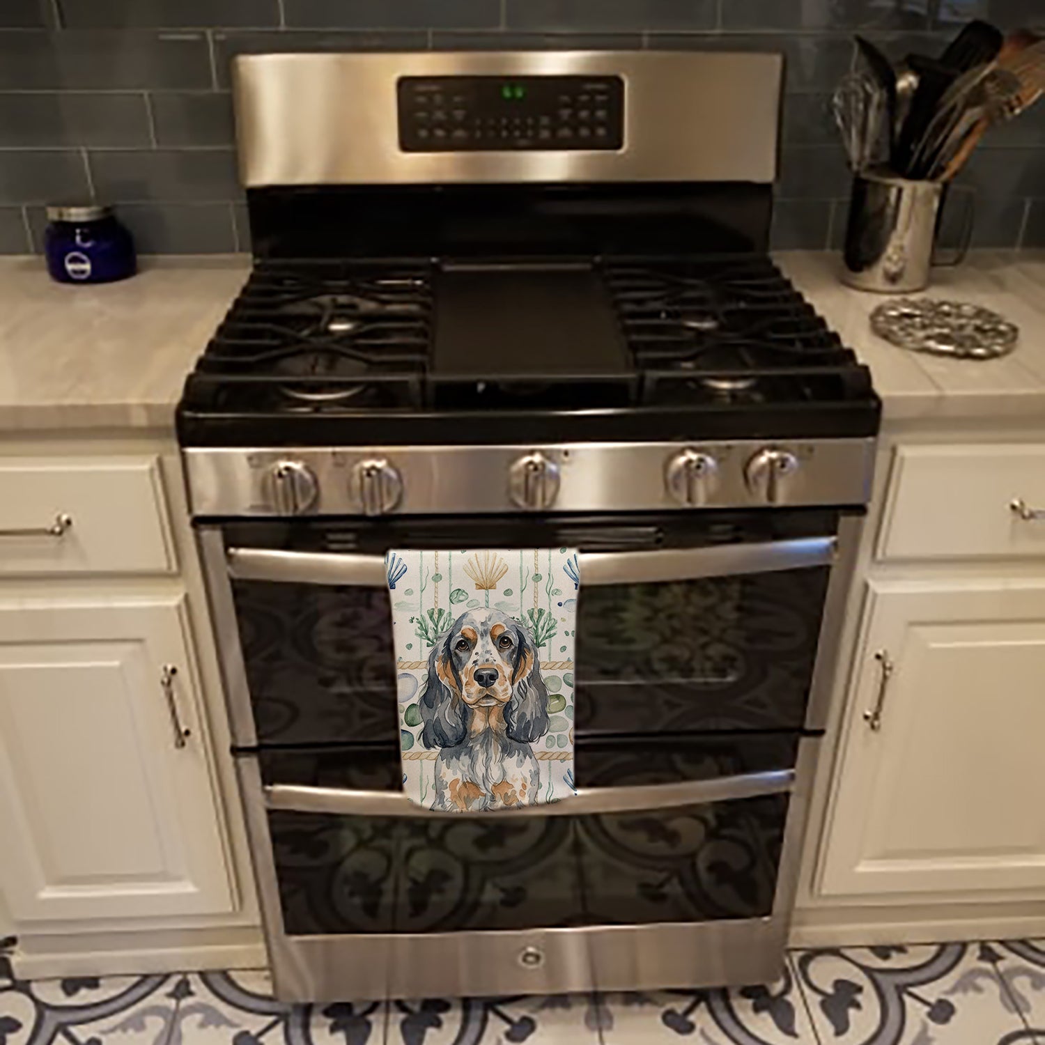 Blue Roan & Tan English Cocker Spaniel Coastal Sea Glass Kitchen Towel Velour Plush Front and Cotton Loop Back Machine Washable