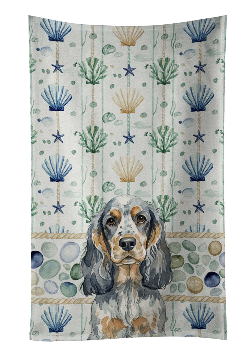 Blue Roan & Tan English Cocker Spaniel Coastal Sea Glass Kitchen Towel Velour Plush Front and Cotton Loop Back Machine Washable
