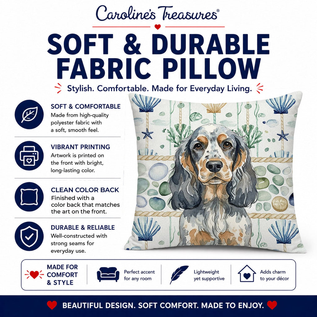 Blue Roan & Tan English Cocker Spaniel Coastal Sea Glass Decorative Throw Pillow 18x18 Indoor Outdoor Accent Cushion, Fabric Cover with Insert for Sofa, Bed, Porch & Living Room