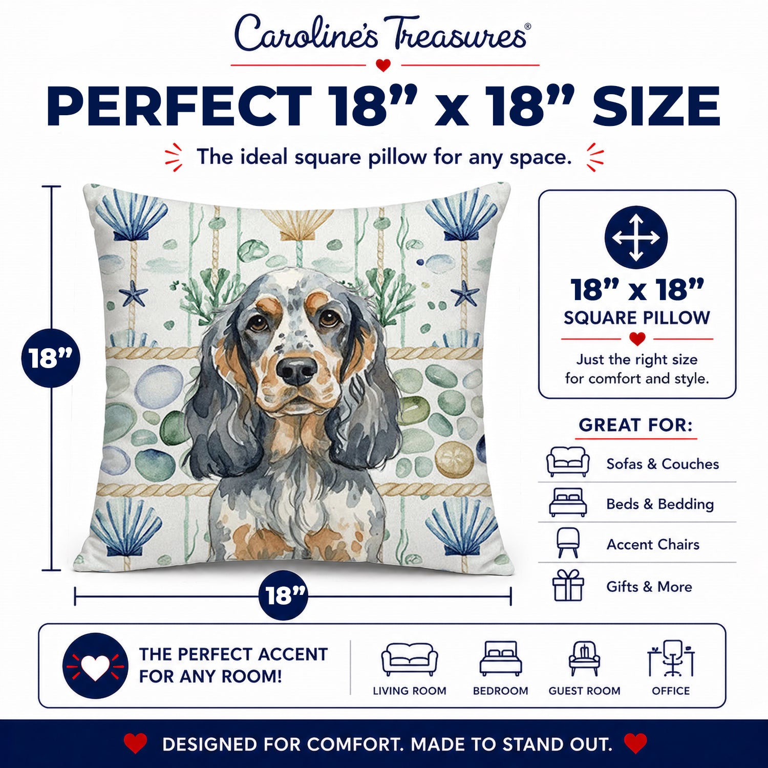 Blue Roan & Tan English Cocker Spaniel Coastal Sea Glass Decorative Throw Pillow 18x18 Indoor Outdoor Accent Cushion, Fabric Cover with Insert for Sofa, Bed, Porch & Living Room