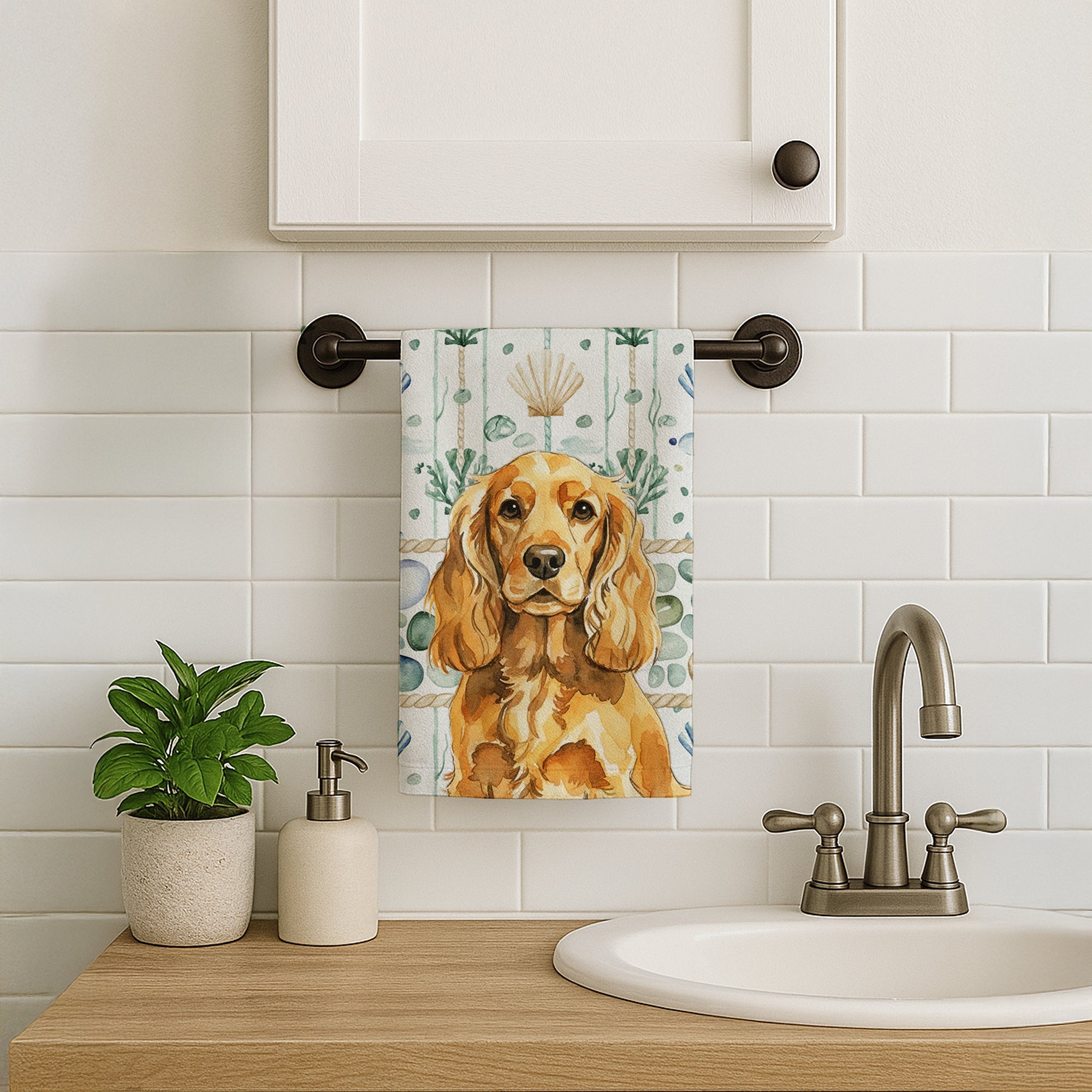 Golden English Cocker Spaniel Coastal Sea Glass Kitchen Towel Velour Plush Front and Cotton Loop Back Machine Washable