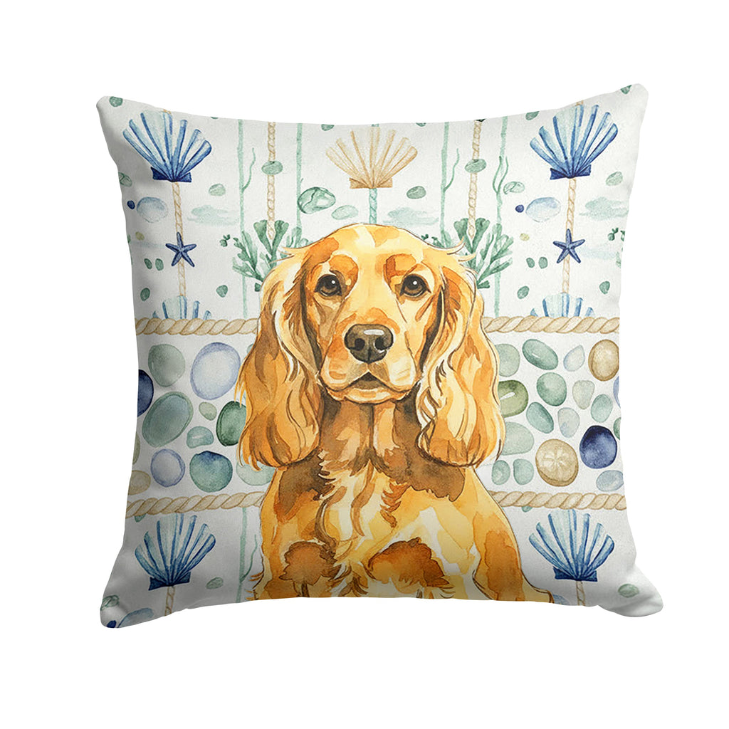 Golden English Cocker Spaniel Coastal Sea Glass Decorative Throw Pillow 14x14 Indoor Outdoor Accent Cushion, Fabric Cover with Insert for Sofa, Bed, Porch & Living Room
