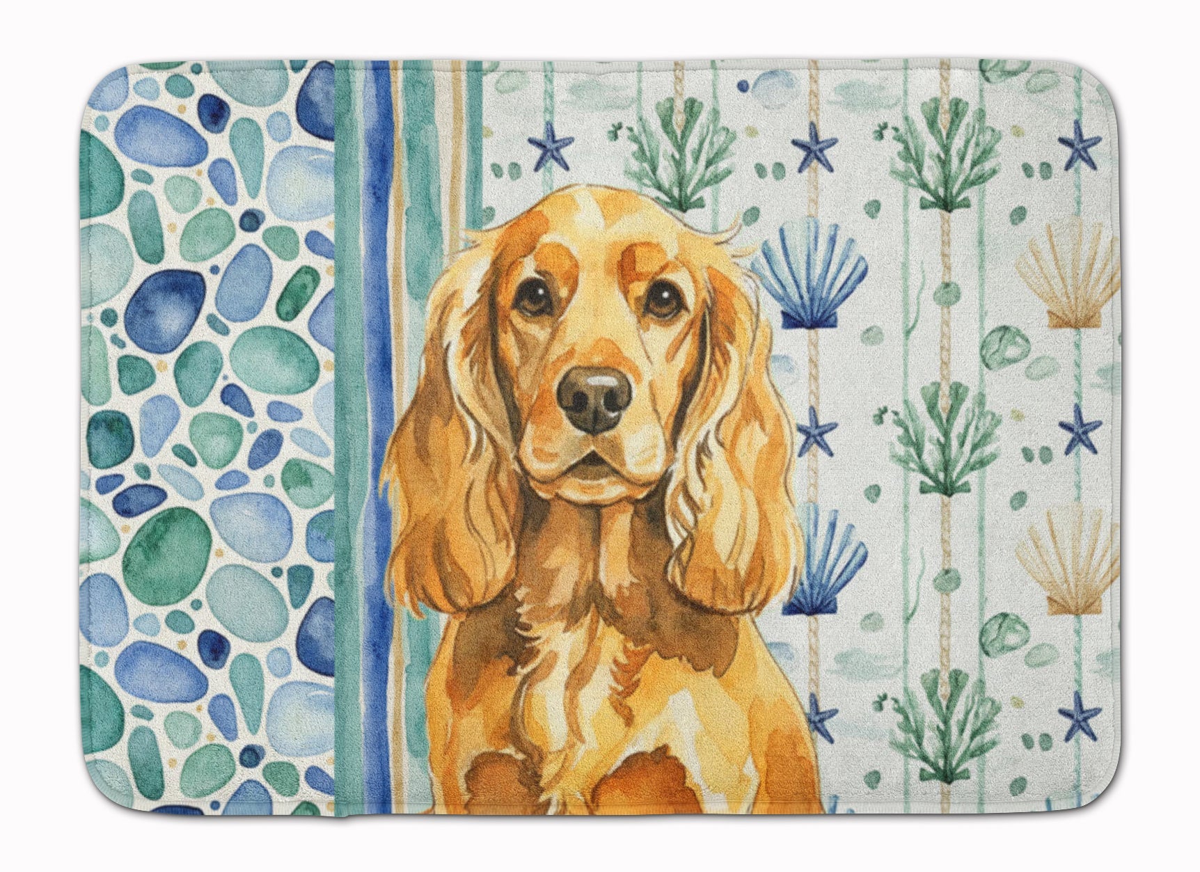 Golden English Cocker Spaniel Coastal Sea Glass Memory Foam Kitchen Mat Machine Washable Anti-Fatigue Cushion Comfort Bath or Kitchen Rug