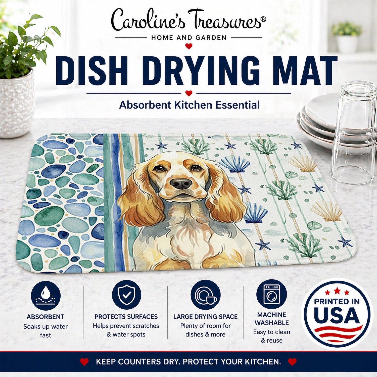 Lemon Roan English Cocker Spaniel Coastal Sea Glass Dish Drying Mat Absorbent Dish Drying Mat Pad for Kitchen Counter Dish Drainer Mat for Countertop, 14 x 21", Multicolor