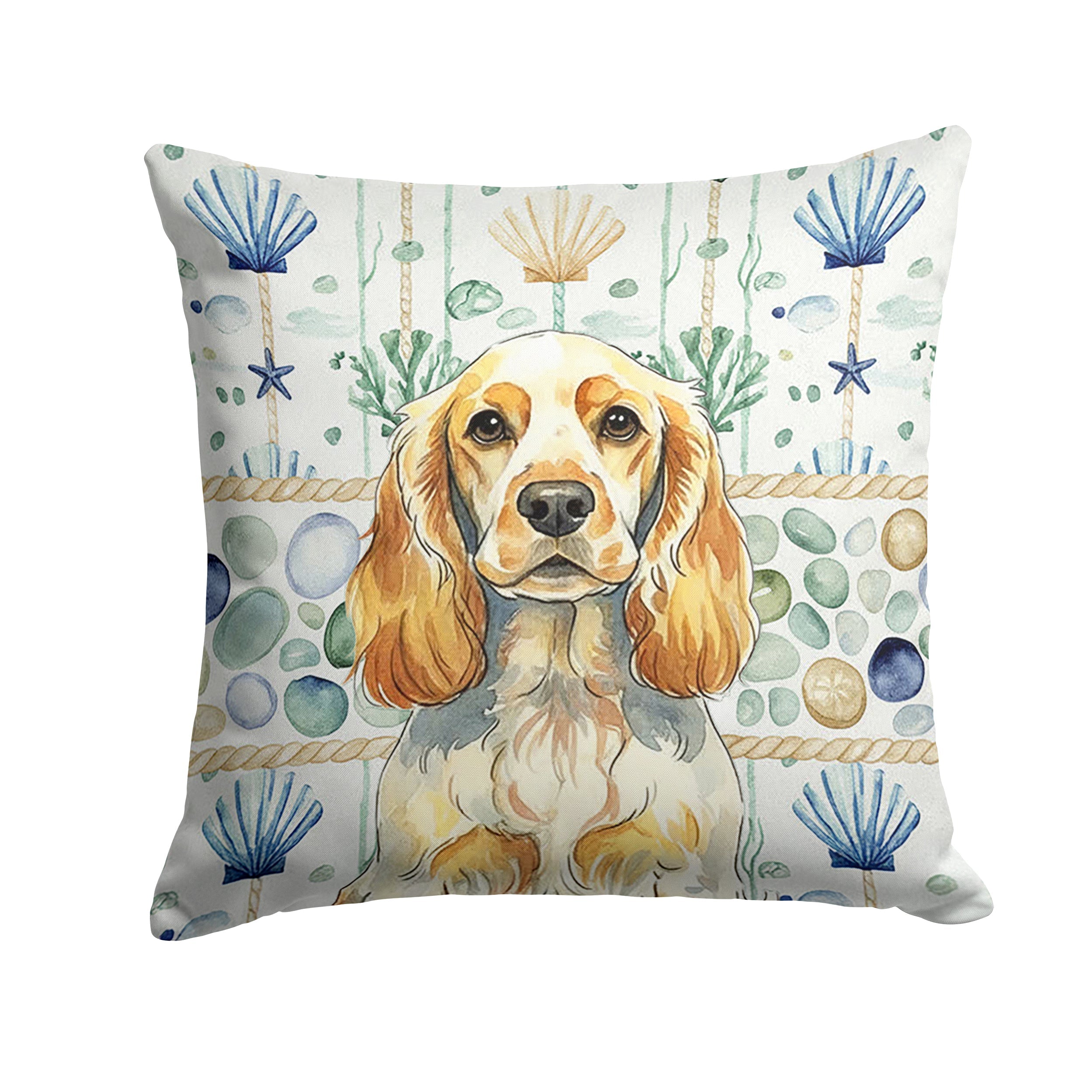Lemon Roan English Cocker Spaniel Coastal Sea Glass Decorative Throw Pillow 14x14 Indoor Outdoor Accent Cushion, Fabric Cover with Insert for Sofa, Bed, Porch & Living Room