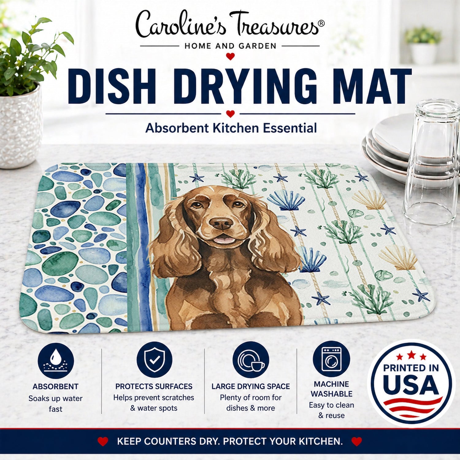 Liver English Cocker Spaniel Coastal Sea Glass Dish Drying Mat Absorbent Dish Drying Mat Pad for Kitchen Counter Dish Drainer Mat for Countertop, 14 x 21", Multicolor